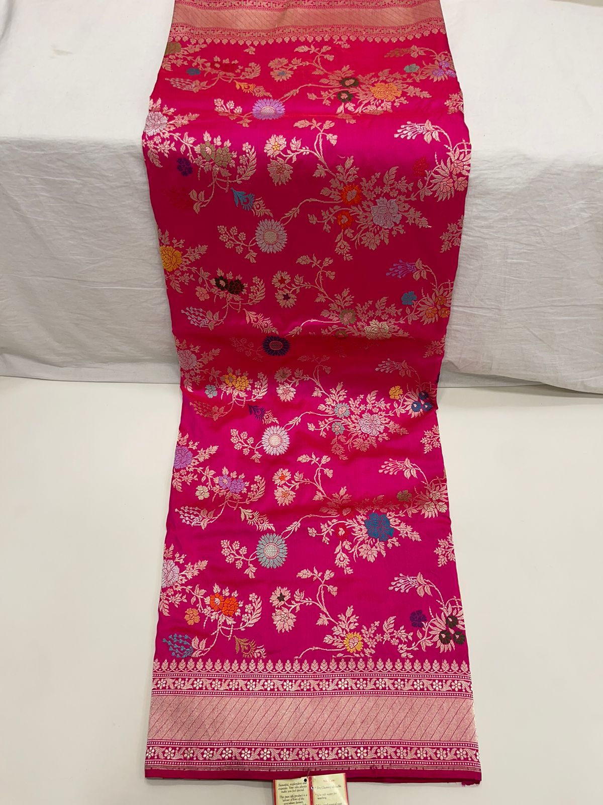 Timeless Elegance: Faishana Pure Handloom Katan Silk Pink Minakari Floral Jangla Jaal Booti with Kadhwa Stripe Blouse