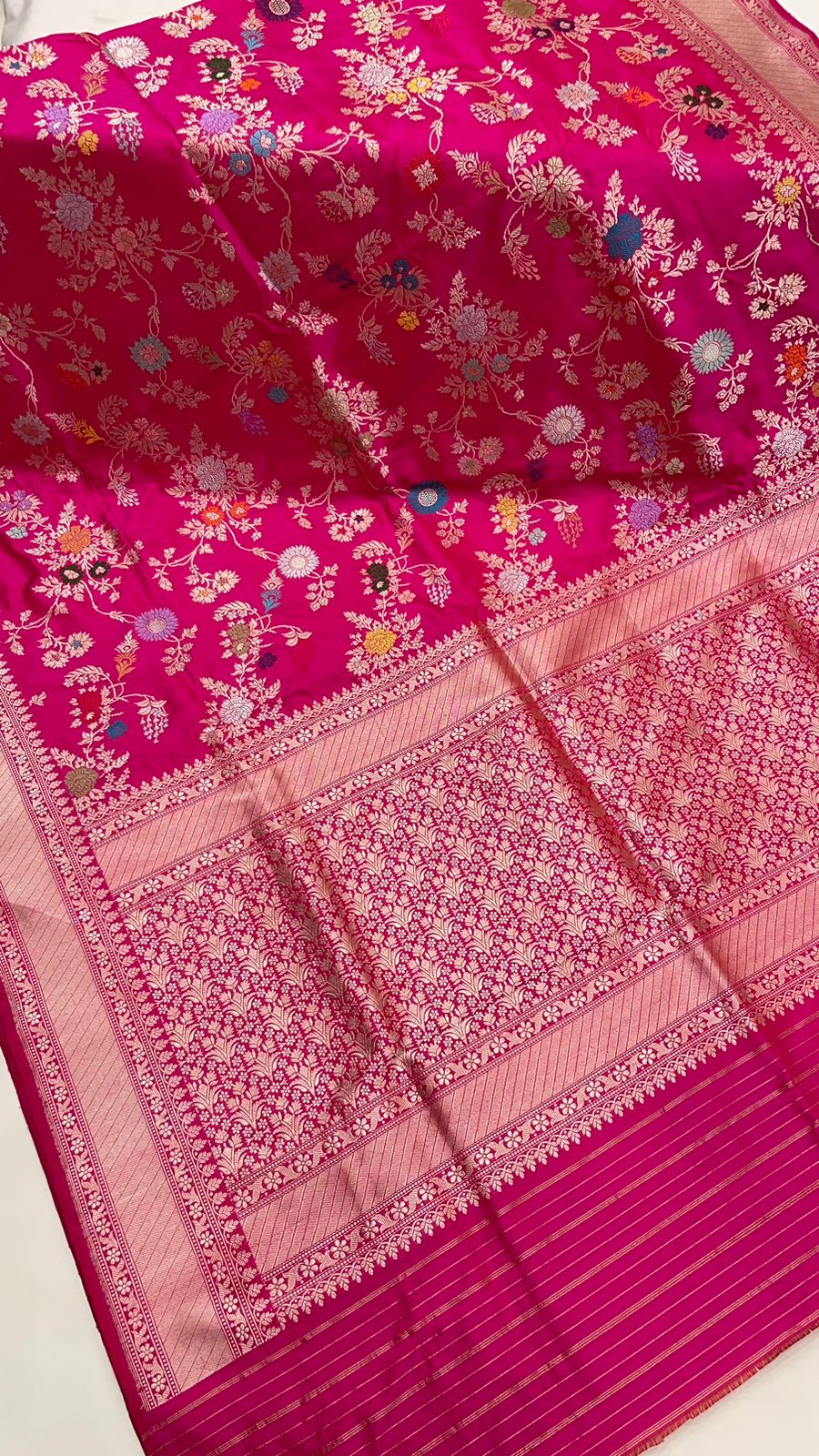 Timeless Elegance: Faishana Pure Handloom Katan Silk Pink Minakari Floral Jangla Jaal Booti with Kadhwa Stripe Blouse
