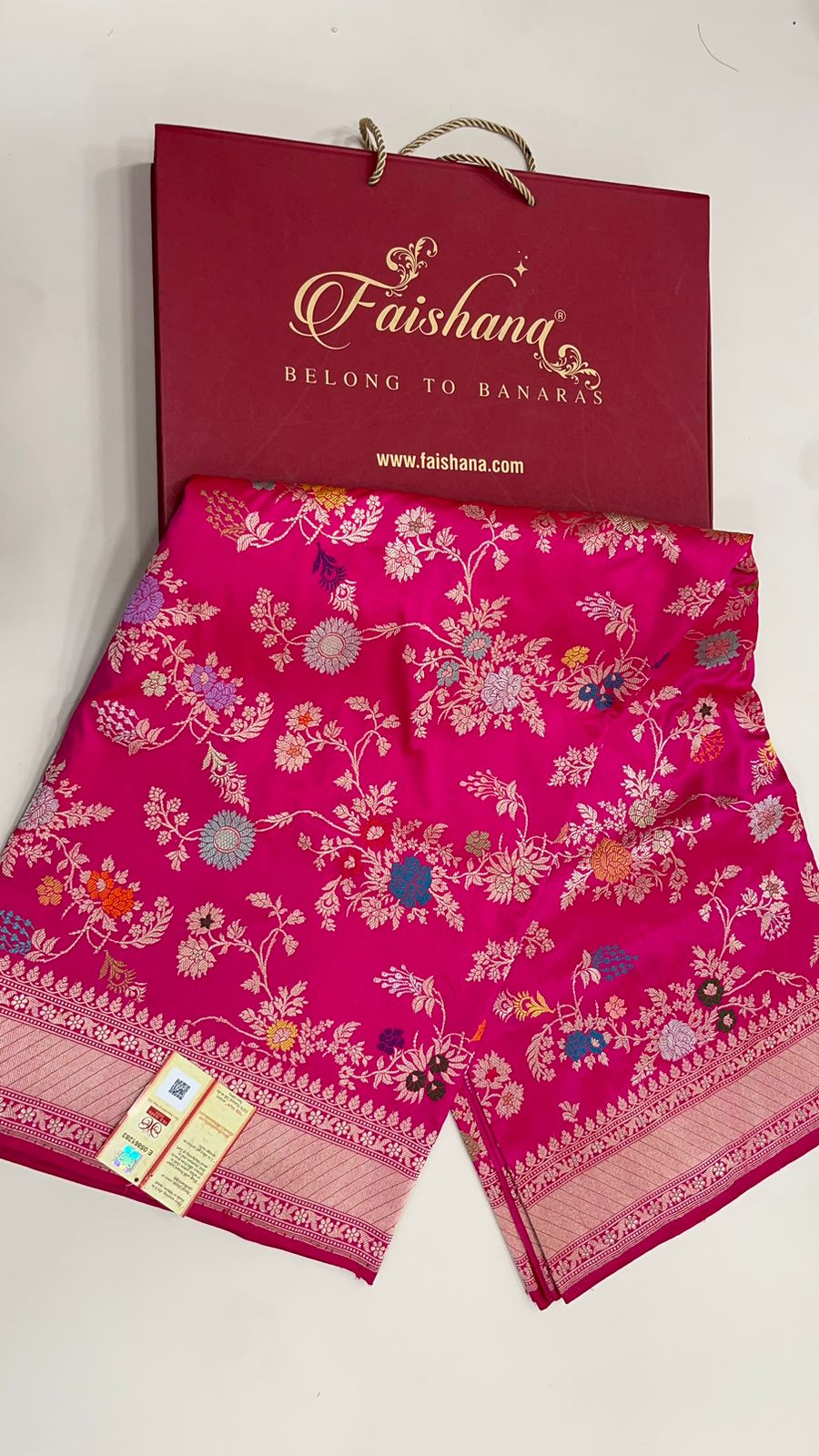 Timeless Elegance: Faishana Pure Handloom Katan Silk Pink Minakari Floral Jangla Jaal Booti with Kadhwa Stripe Blouse