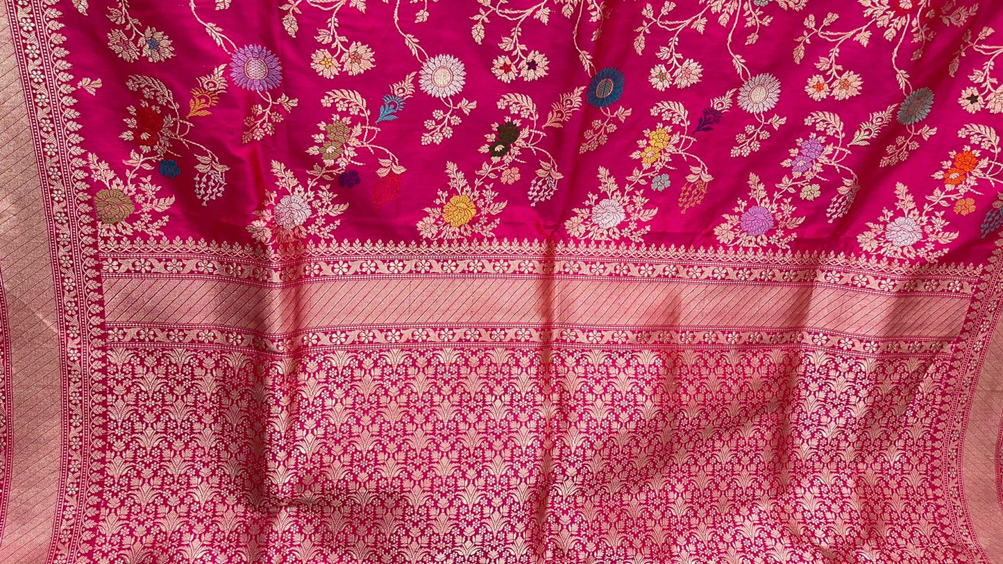 Timeless Elegance: Faishana Pure Handloom Katan Silk Pink Minakari Floral Jangla Jaal Booti with Kadhwa Stripe Blouse