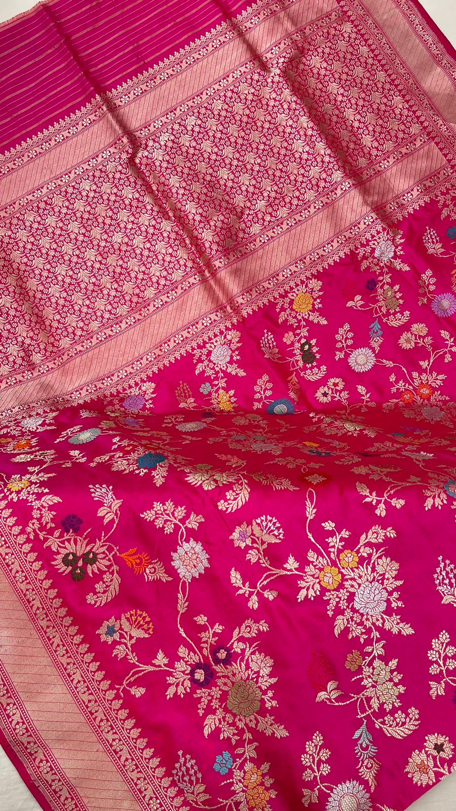 Timeless Elegance: Faishana Pure Handloom Katan Silk Pink Minakari Floral Jangla Jaal Booti with Kadhwa Stripe Blouse