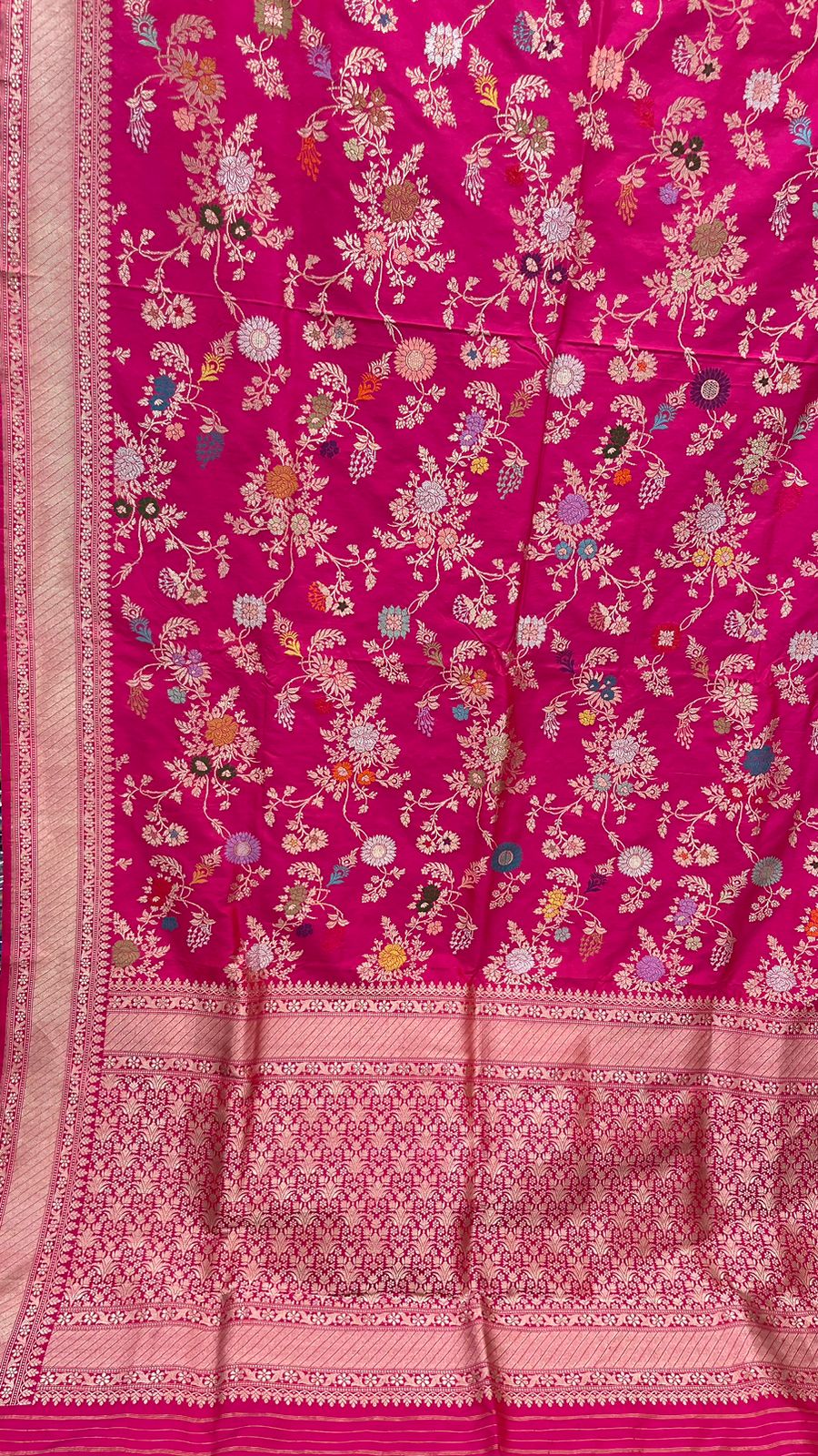 Timeless Elegance: Faishana Pure Handloom Katan Silk Pink Minakari Floral Jangla Jaal Booti with Kadhwa Stripe Blouse