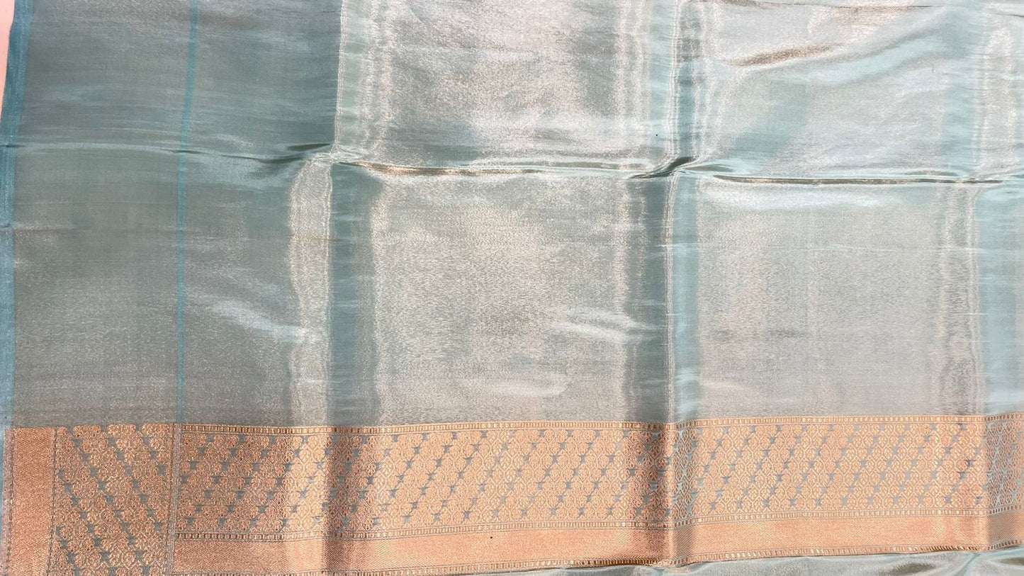 Faishana Presents: Exquisite Handwoven Pure Katan Tissue Saree in Seagreen with Gold & Silver Zari Kadhwa Weaving Banarasi Border and Same Blouse