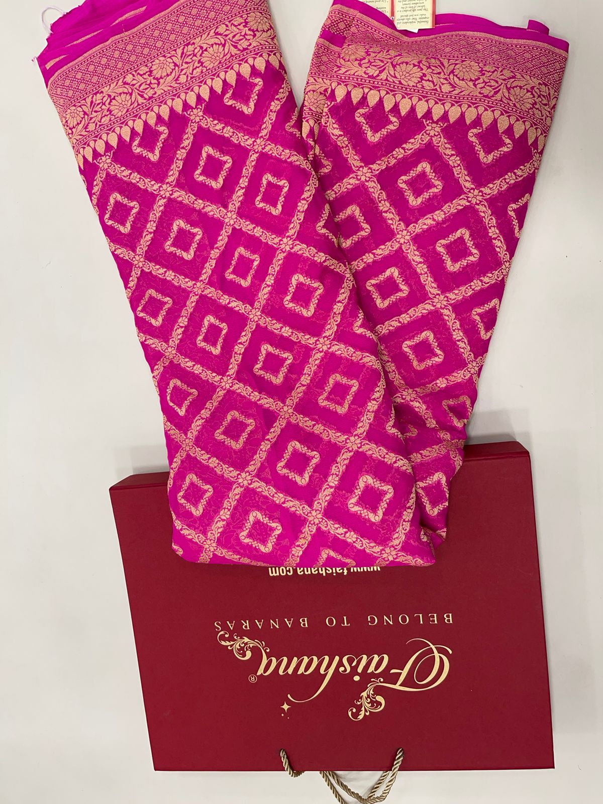 Faishana Pure Handwoven Pink Khaddi Georgette Kadhwa Bandhej Zari Jaal Saree with Banarasi Kadhwa Golden Zari Floral Border with Kadhwa Pink Blouse