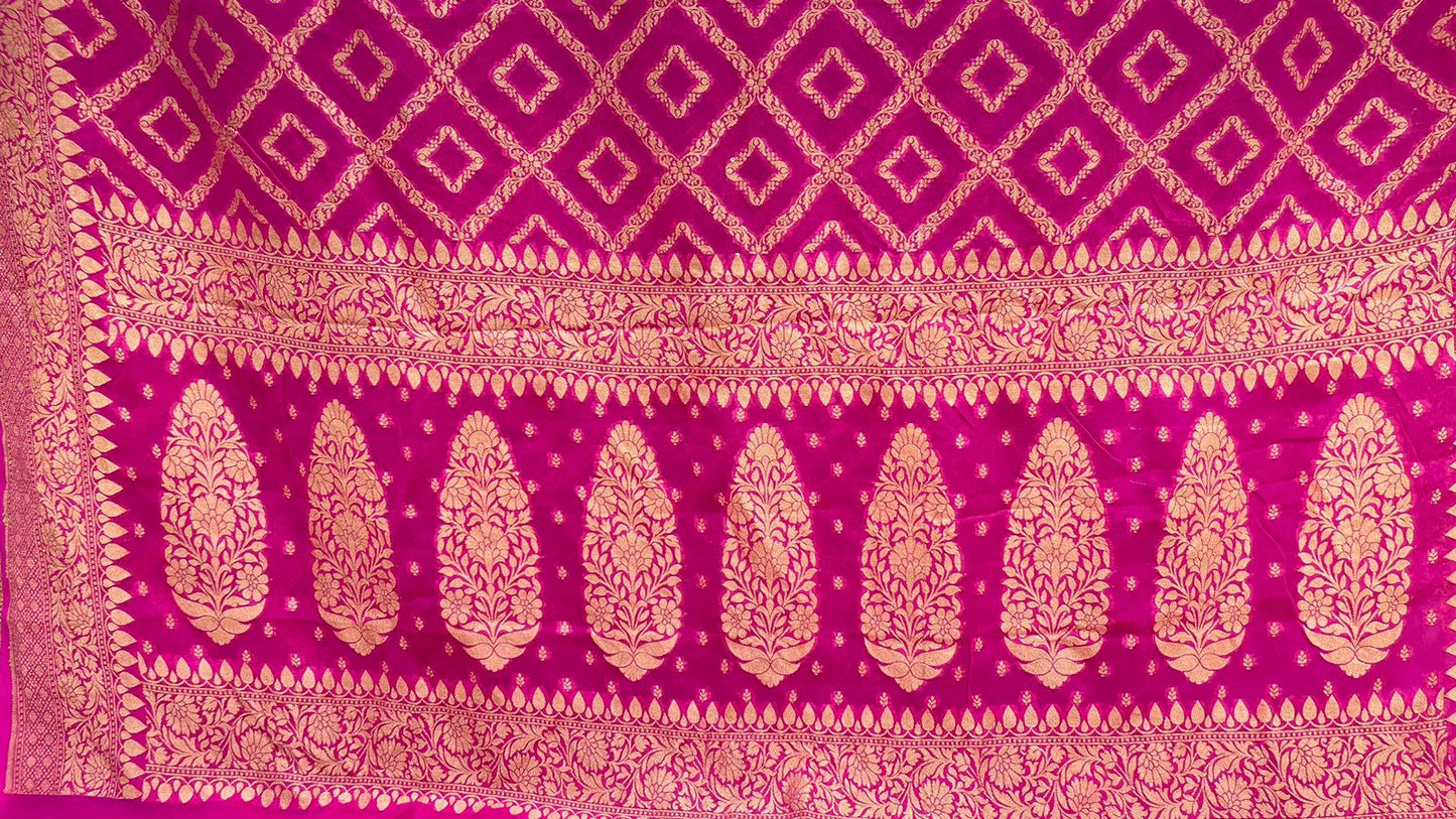 Faishana Pure Handwoven Pink Khaddi Georgette Kadhwa Bandhej Zari Jaal Saree with Banarasi Kadhwa Golden Zari Floral Border with Kadhwa Pink Blouse