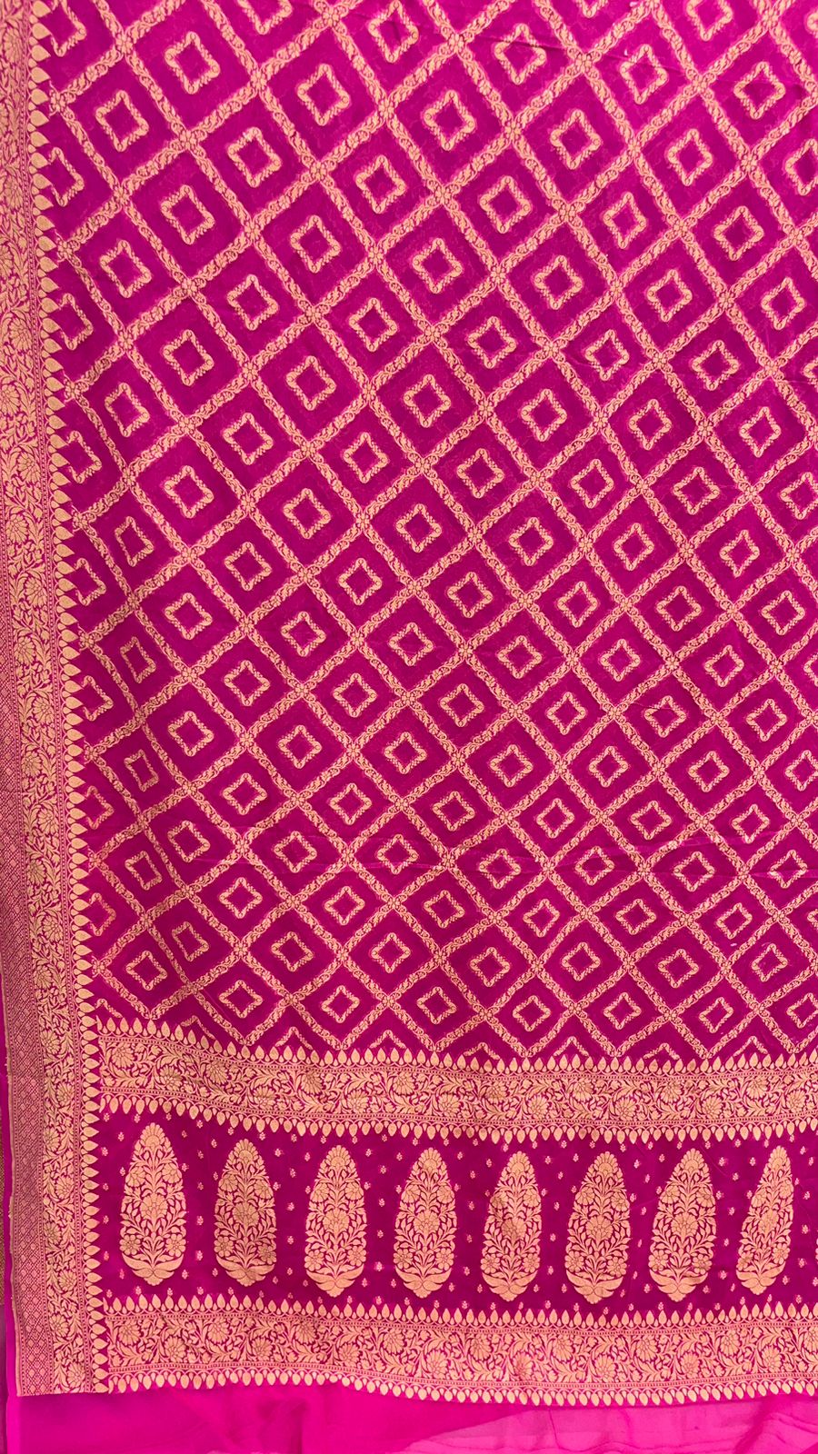 Faishana Pure Handwoven Pink Khaddi Georgette Kadhwa Bandhej Zari Jaal Saree with Banarasi Kadhwa Golden Zari Floral Border with Kadhwa Pink Blouse