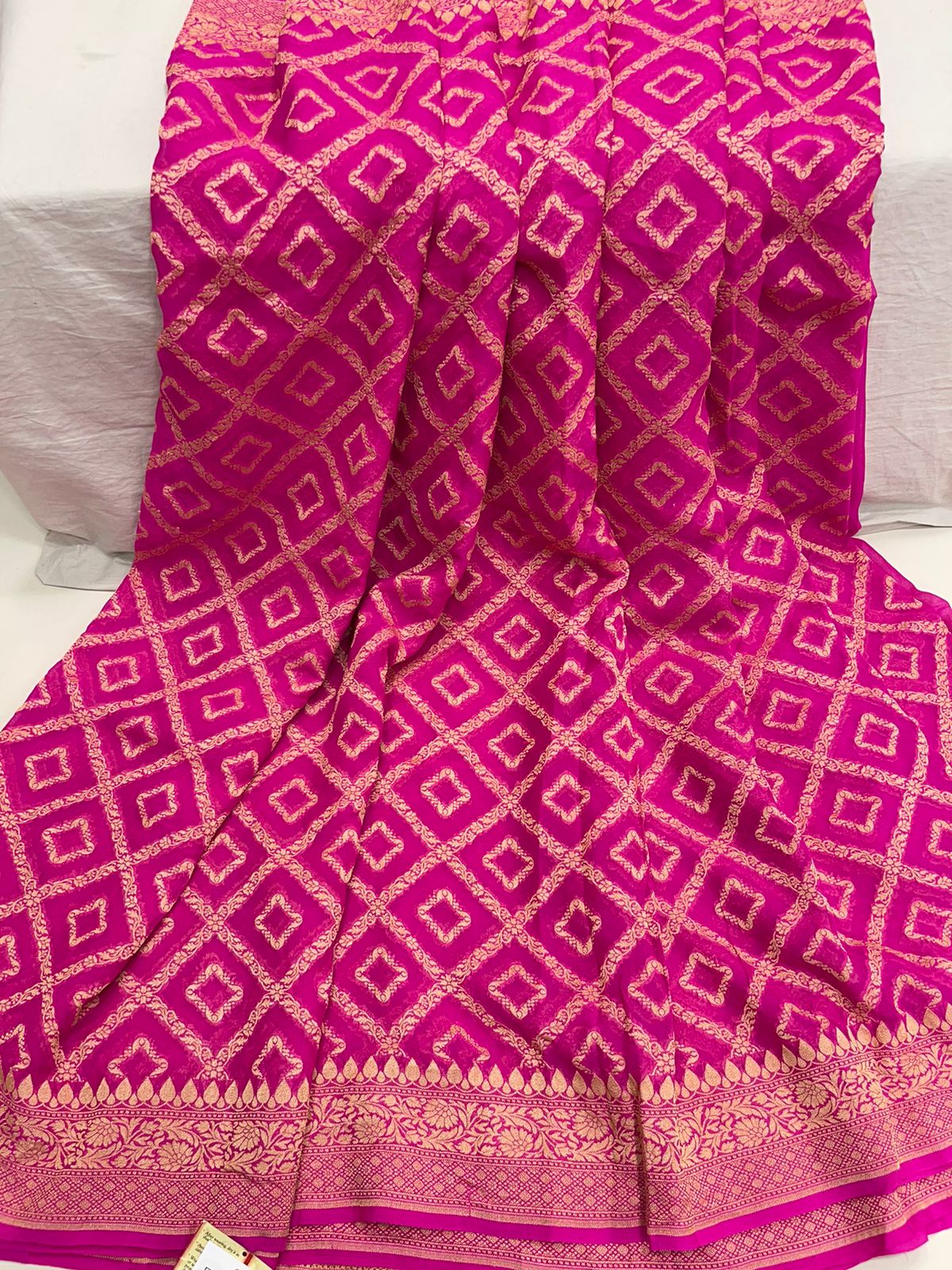 Faishana Pure Handwoven Pink Khaddi Georgette Kadhwa Bandhej Zari Jaal Saree with Banarasi Kadhwa Golden Zari Floral Border with Kadhwa Pink Blouse