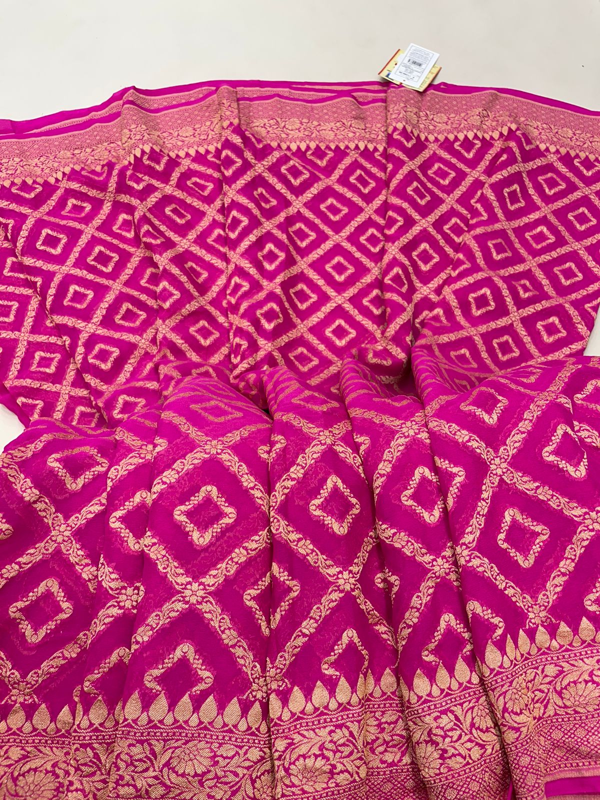Faishana Pure Handwoven Pink Khaddi Georgette Kadhwa Bandhej Zari Jaal Saree with Banarasi Kadhwa Golden Zari Floral Border with Kadhwa Pink Blouse