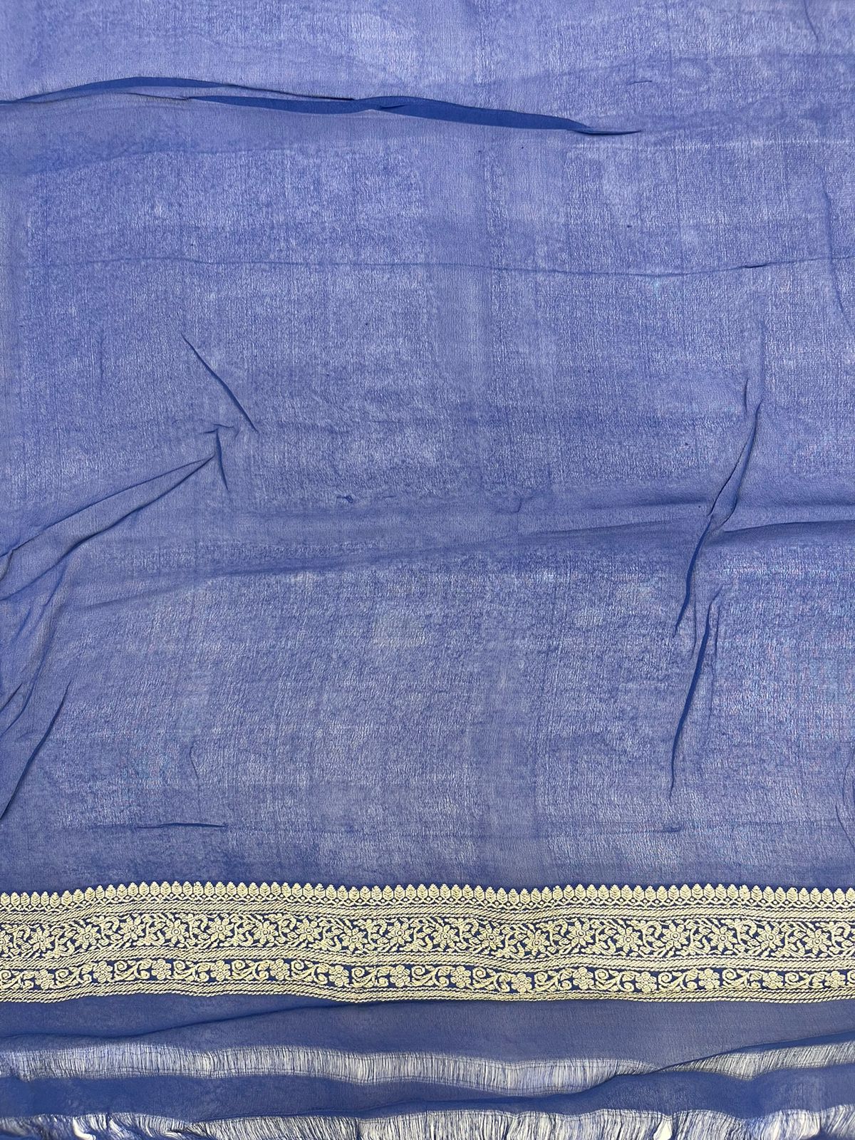 Faishana's Exquisite Pure Silk Handloom Khaddi Georgette Saree with Navy Blue and Golden Zari Kadhwa Booti Zari Border