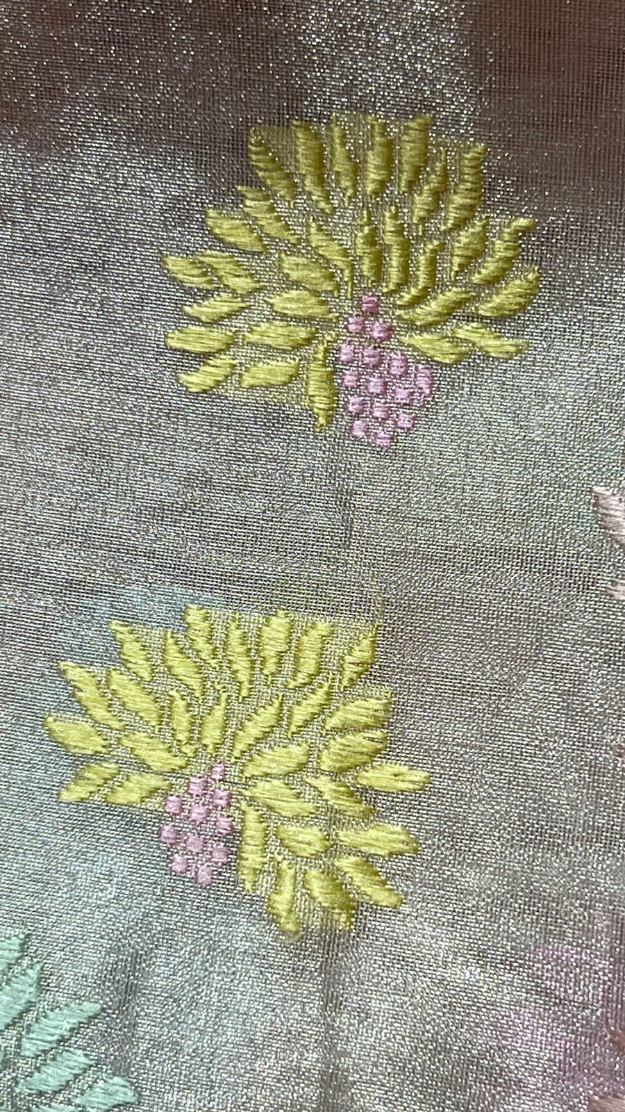 Faishana Pure Silk Handloom Beige Organza Silk Meenakari Booti Kadhwa Zari Border Banarasi Saree with Matching Beige Blouse