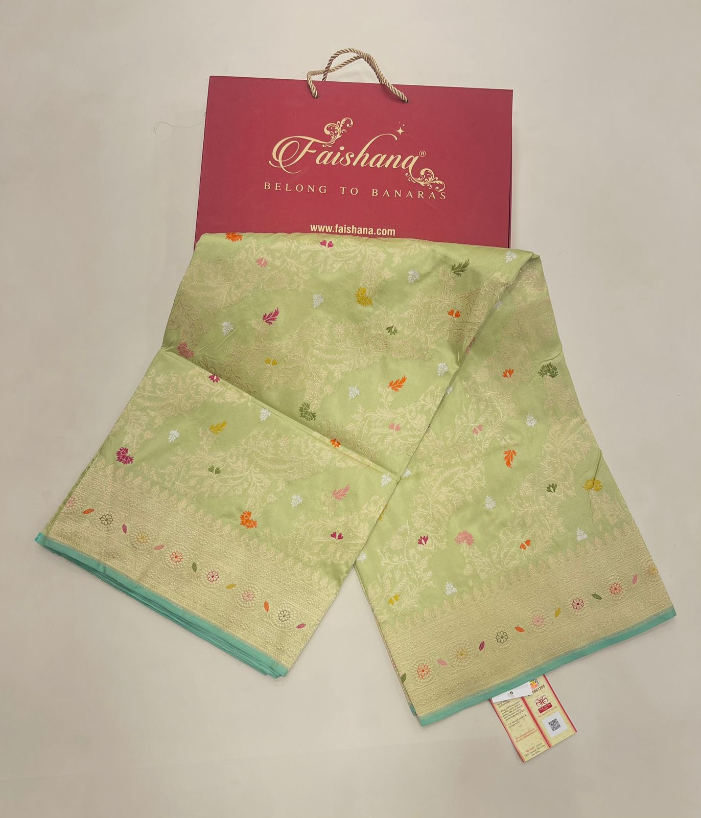 Faishana Pure Handloom Katan Silk Pista Green Jangla Meenakari with Kadhwa Border and Pista Blouse Banarasi Saree