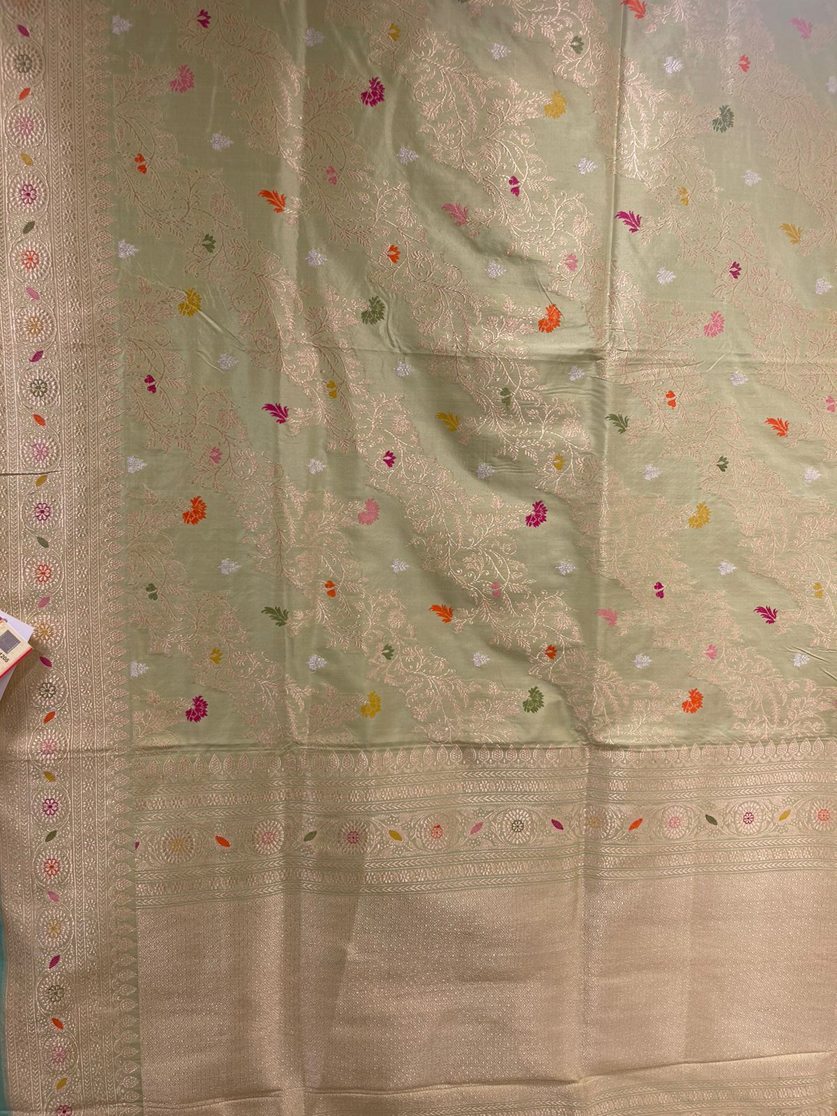 Faishana Pure Handloom Katan Silk Pista Green Jangla Meenakari with Kadhwa Border and Pista Blouse Banarasi Saree
