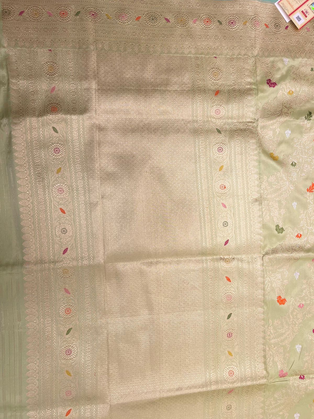 Faishana Pure Handloom Katan Silk Pista Green Jangla Meenakari with Kadhwa Border and Pista Blouse Banarasi Saree