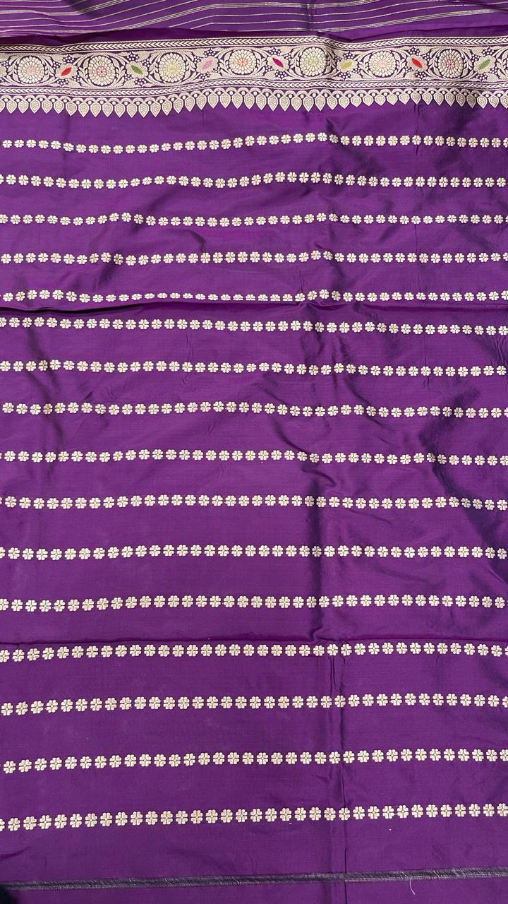 Faishana Pure Handloom Purple Katan Silk Diagonal Kadhwa Zari Floral Booti Jangla Jaal and Kadhwa Pallu with Purple Stripe Blouse