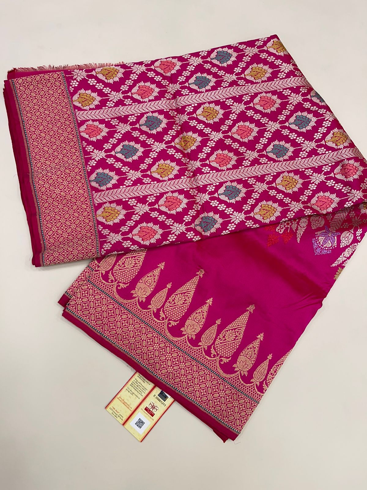 Faishana Presents Pure Handloom Katan Silk Pink Kadhwa Tilfi Meenakari Stripe Jaal Kadhwa Border and Pink Blouse Saree