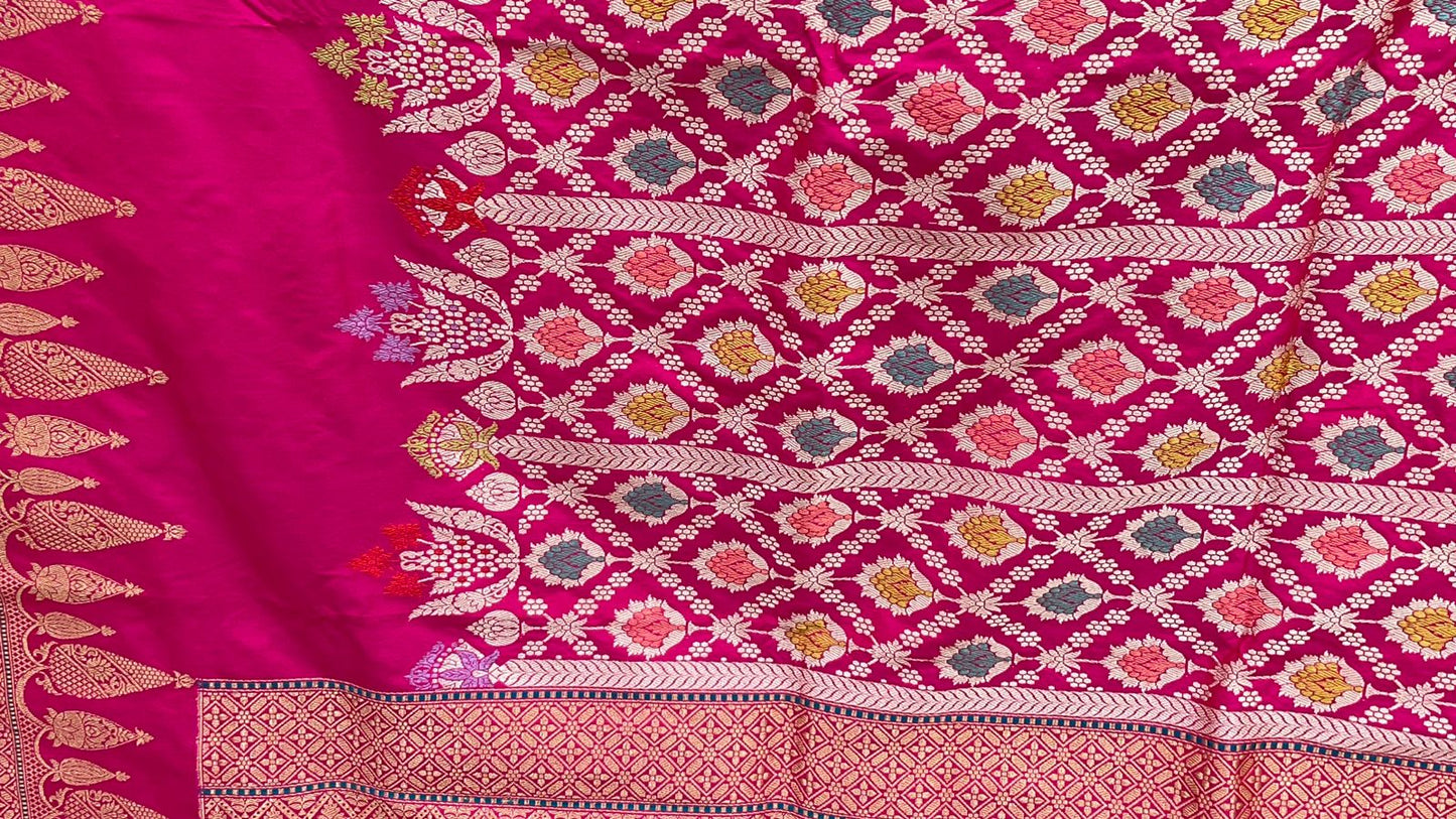 Faishana Presents Pure Handloom Katan Silk Pink Kadhwa Tilfi Meenakari Stripe Jaal Kadhwa Border and Pink Blouse Saree