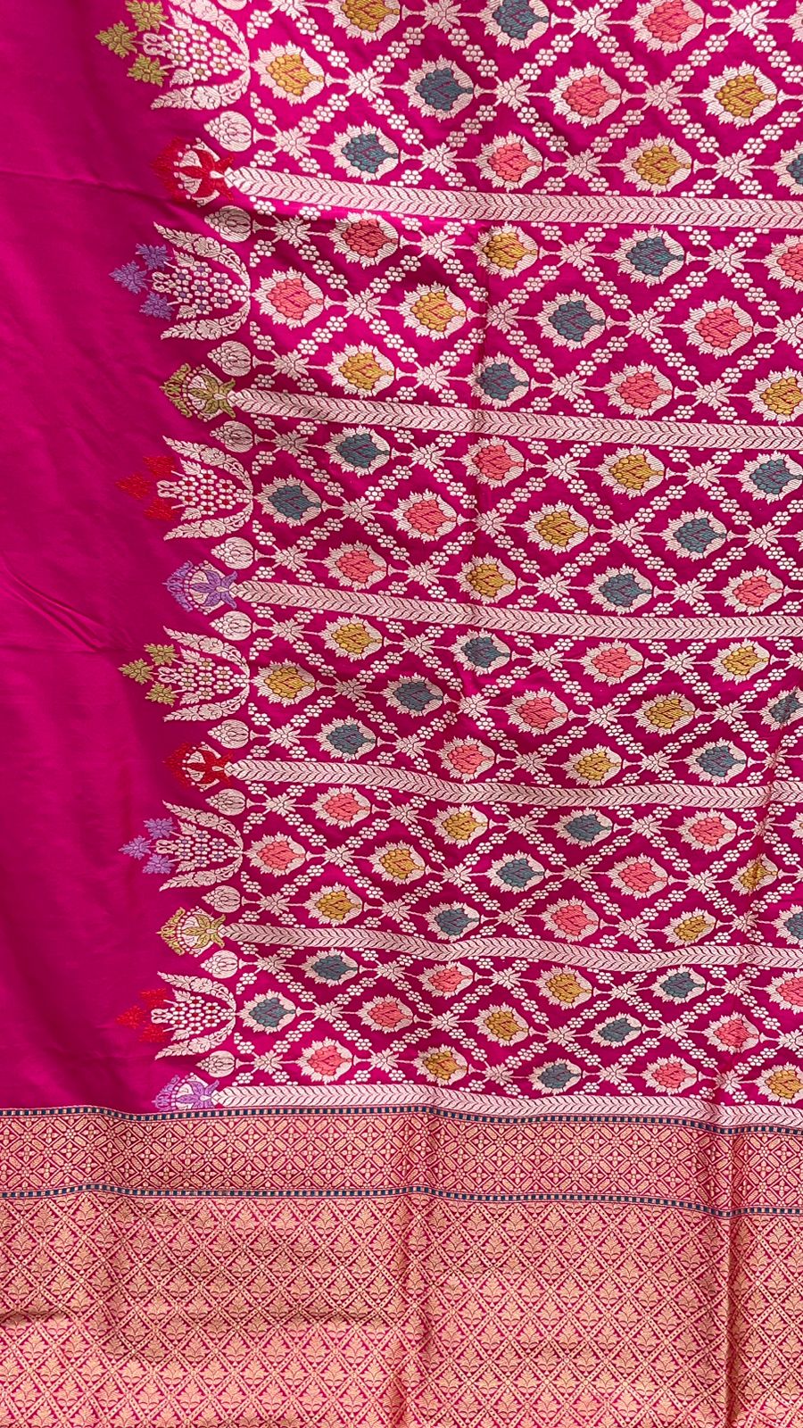 Faishana Presents Pure Handloom Katan Silk Pink Kadhwa Tilfi Meenakari Stripe Jaal Kadhwa Border and Pink Blouse Saree