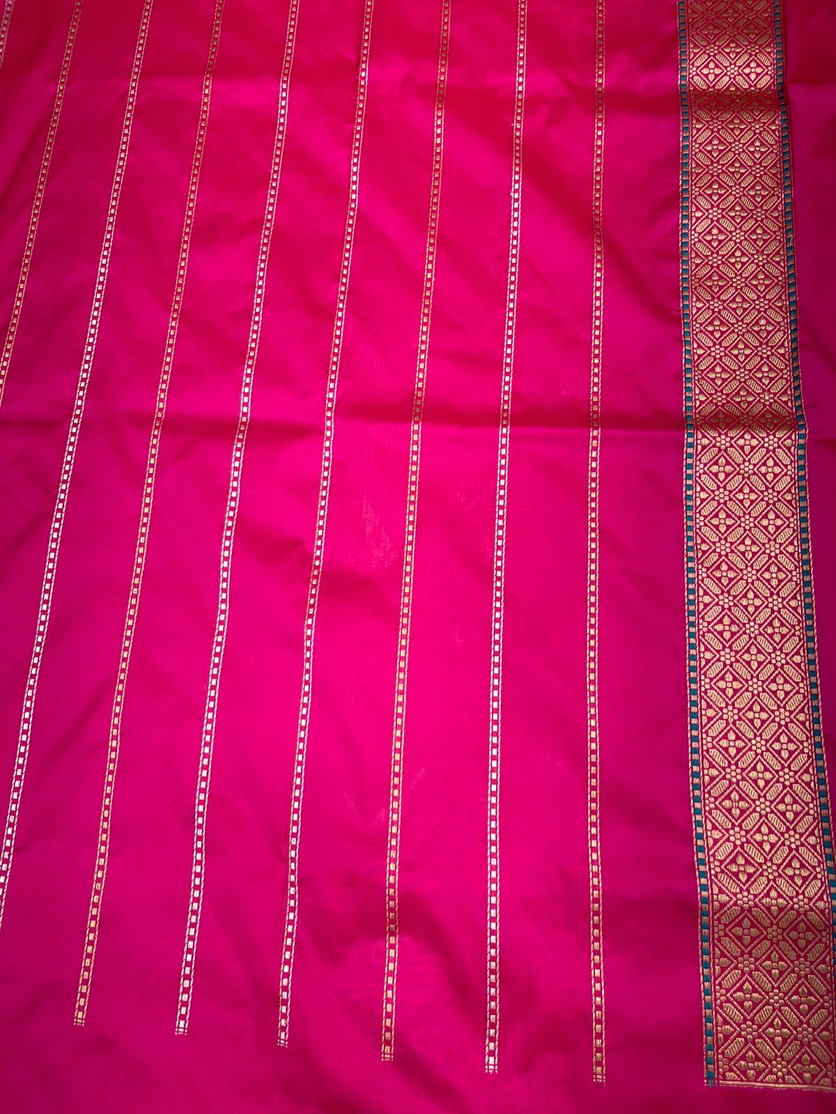 Faishana Presents Pure Handloom Katan Silk Pink Kadhwa Tilfi Meenakari Stripe Jaal Kadhwa Border and Pink Blouse Saree