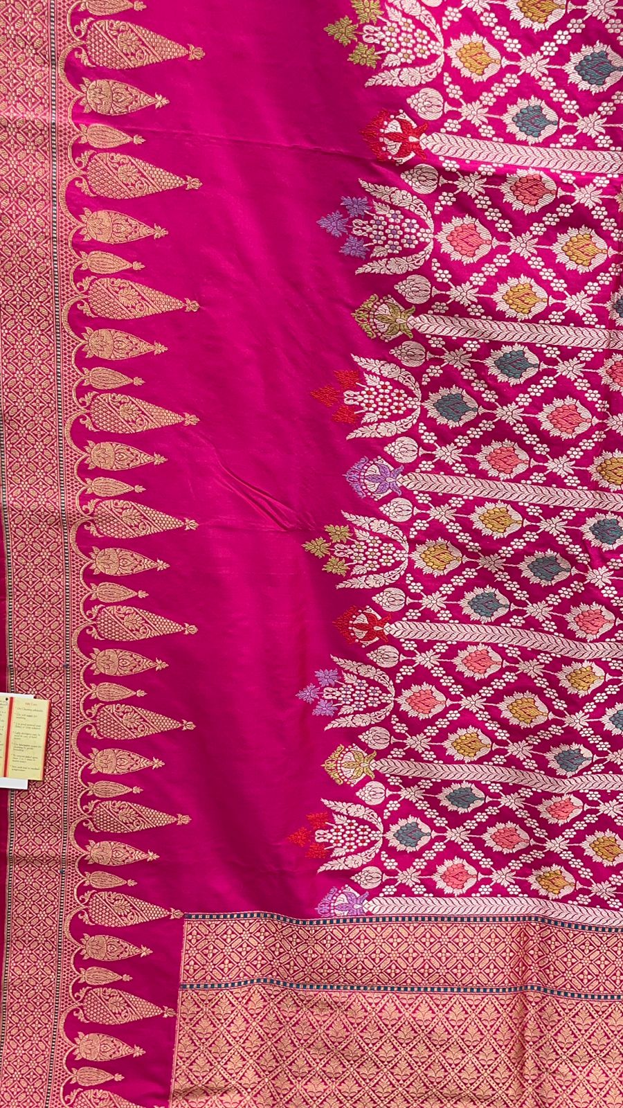 Faishana Presents Pure Handloom Katan Silk Pink Kadhwa Tilfi Meenakari Stripe Jaal Kadhwa Border and Pink Blouse Saree
