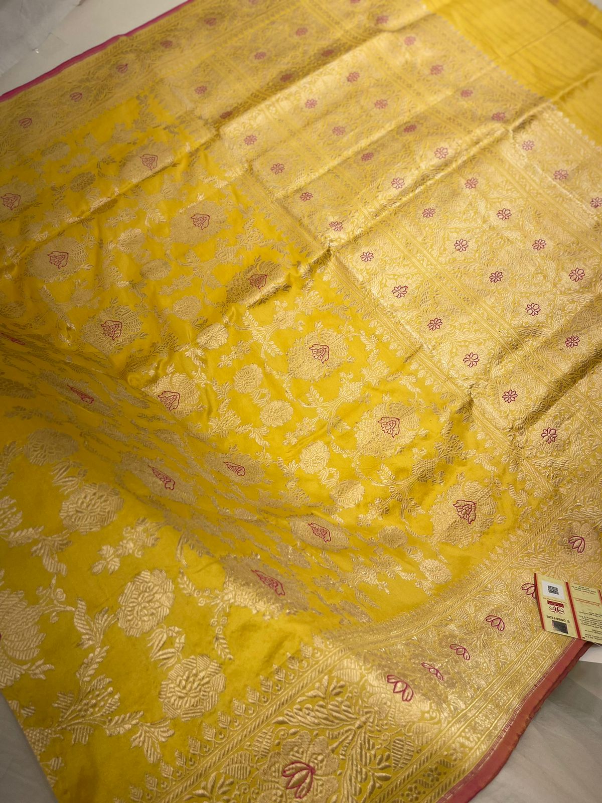 Faishana Pure Silk Handloom Katan Yellow Kadhwa Jangla Mina Jaal with Kadhwa Zari Border and Yellow Mina Blouse
