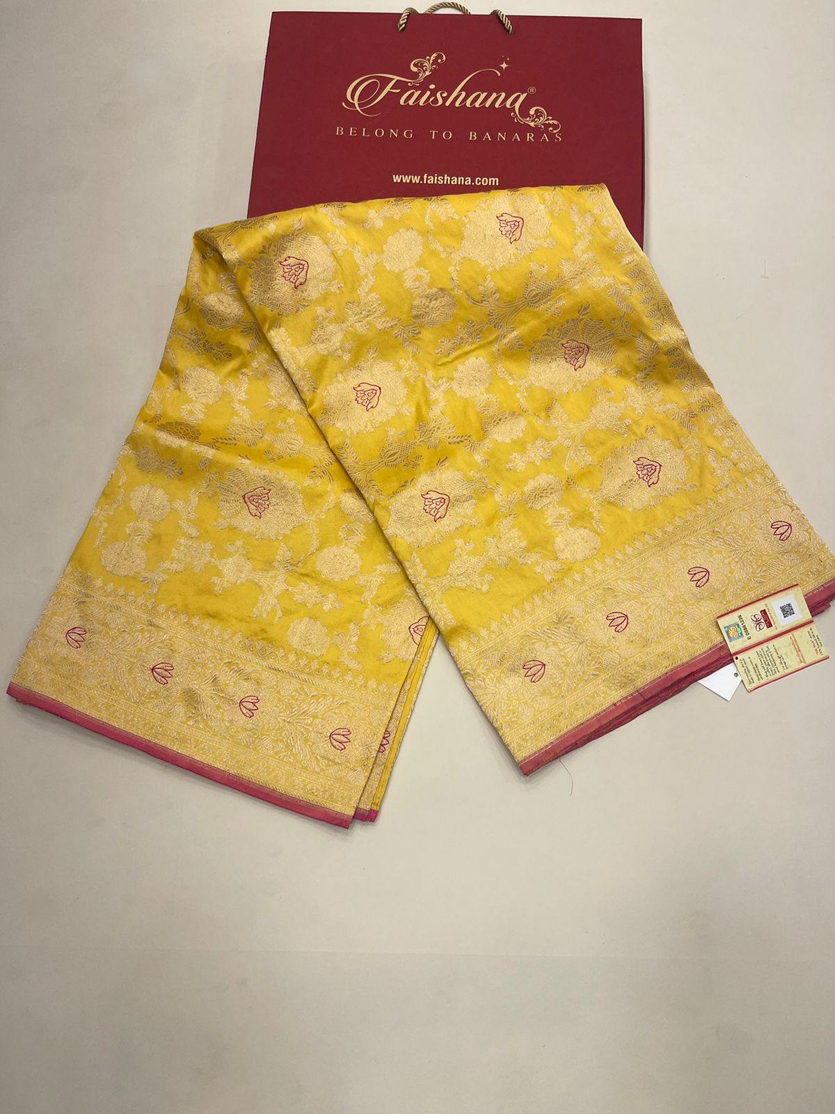 Faishana Pure Silk Handloom Katan Yellow Kadhwa Jangla Mina Jaal with Kadhwa Zari Border and Yellow Mina Blouse