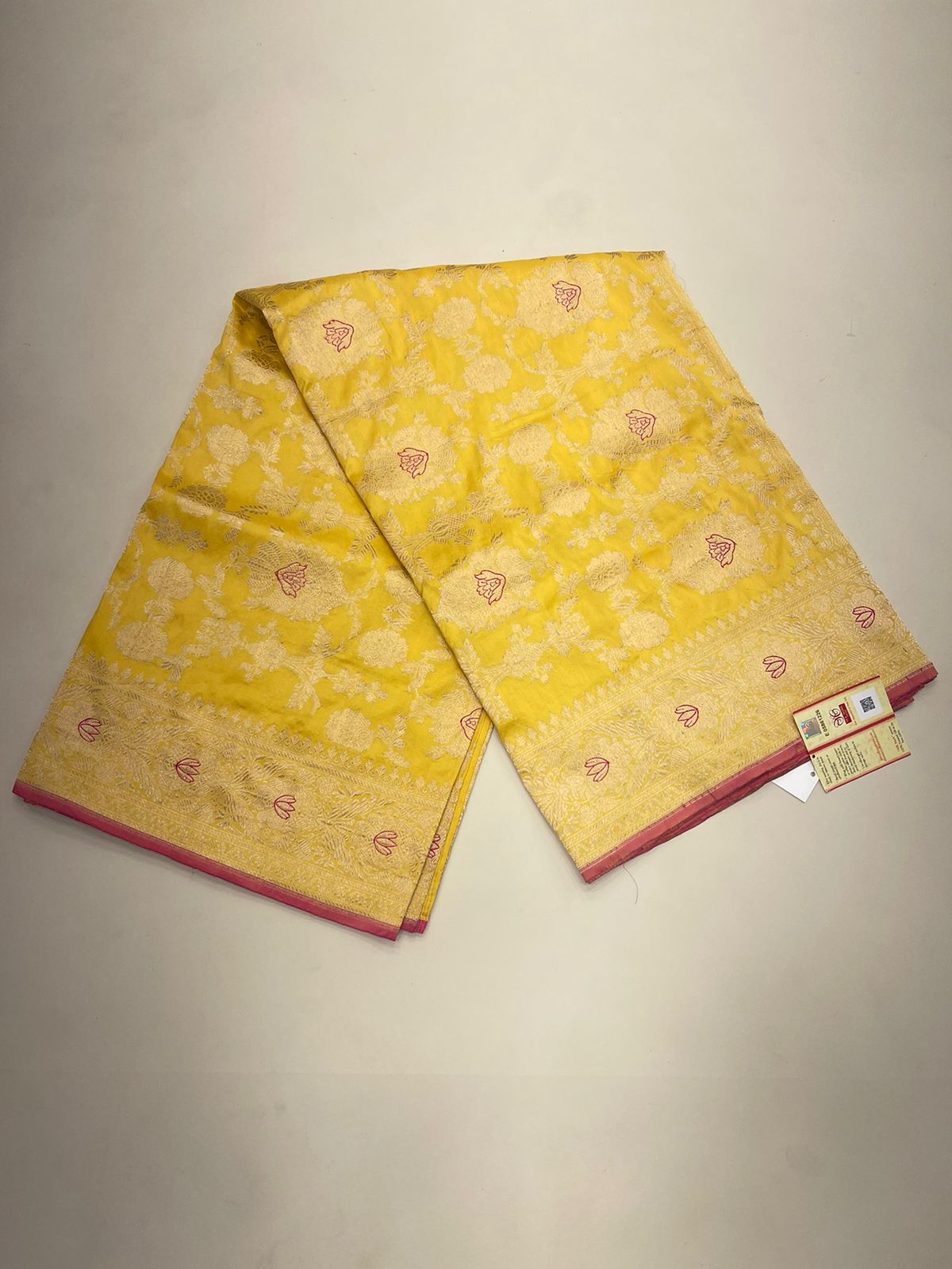 Faishana Pure Silk Handloom Katan Yellow Kadhwa Jangla Mina Jaal with Kadhwa Zari Border and Yellow Mina Blouse