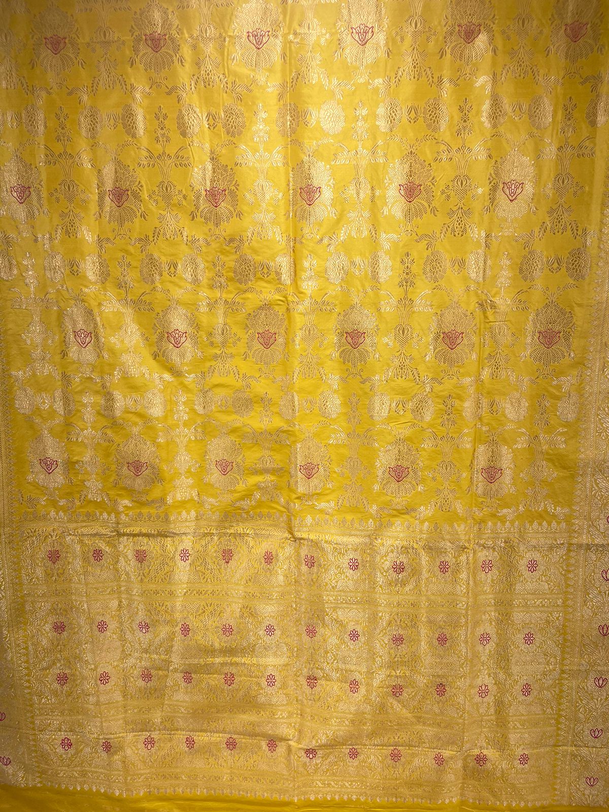 Faishana Pure Silk Handloom Katan Yellow Kadhwa Jangla Mina Jaal with Kadhwa Zari Border and Yellow Mina Blouse