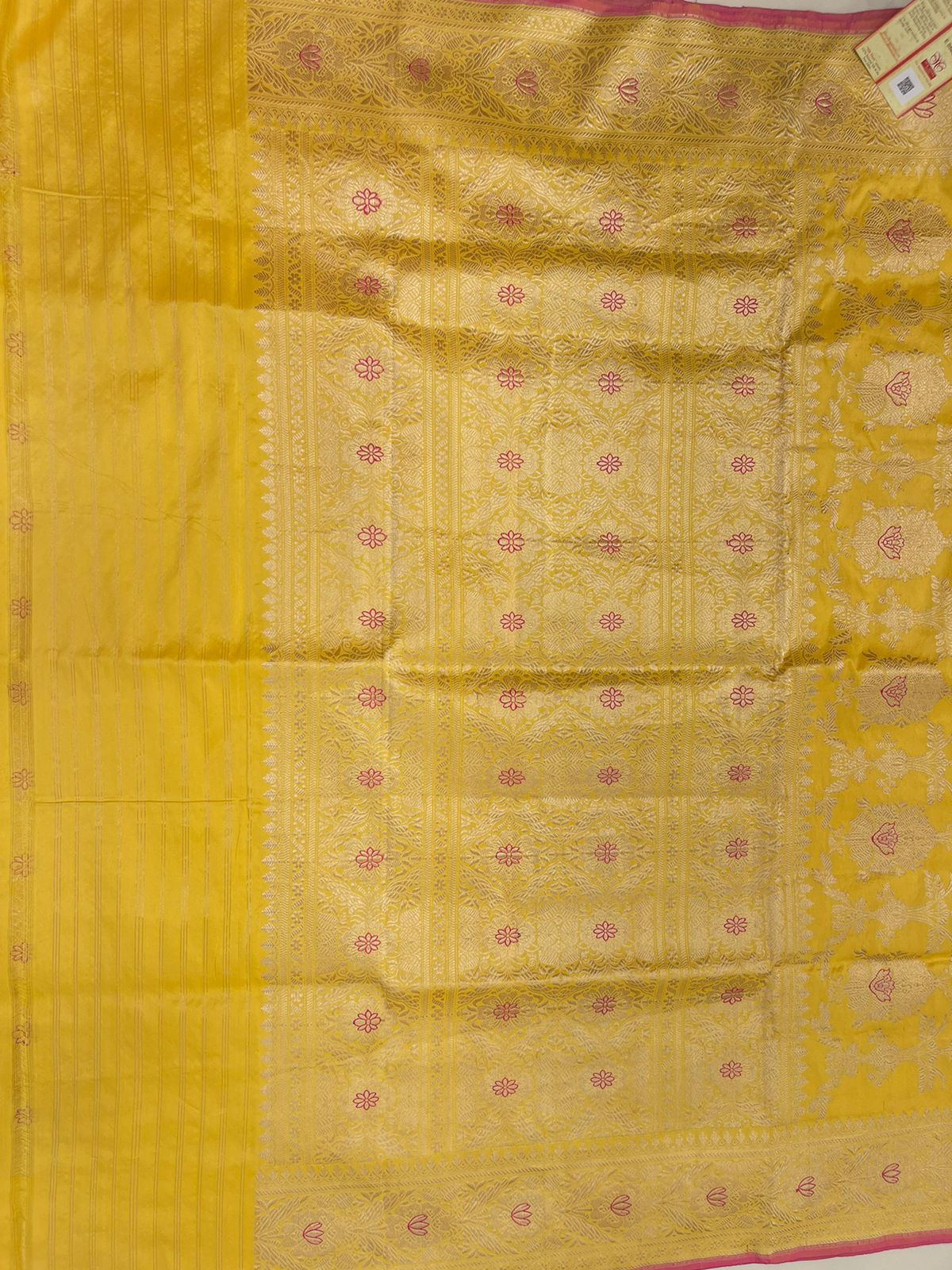 Faishana Pure Silk Handloom Katan Yellow Kadhwa Jangla Mina Jaal with Kadhwa Zari Border and Yellow Mina Blouse