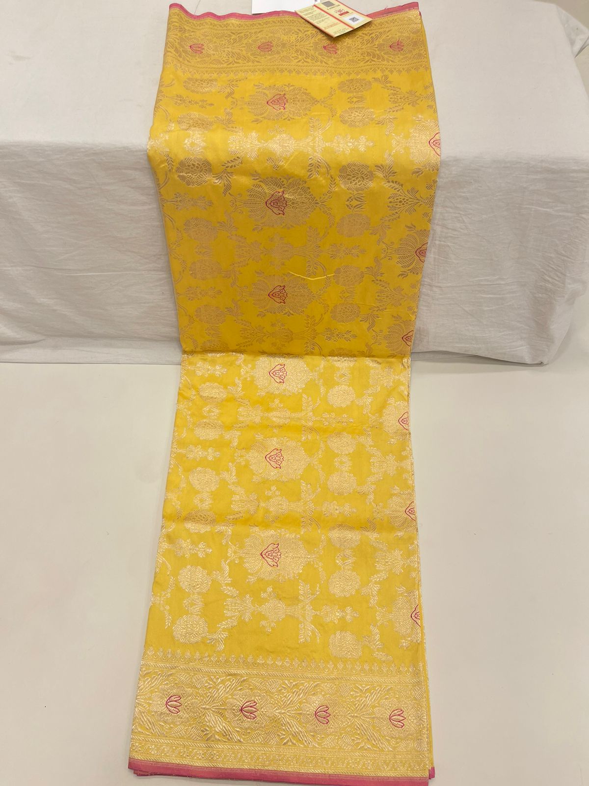 Faishana Pure Silk Handloom Katan Yellow Kadhwa Jangla Mina Jaal with Kadhwa Zari Border and Yellow Mina Blouse