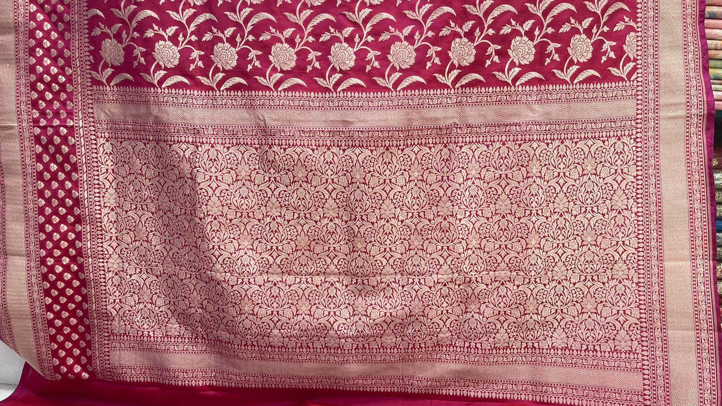 Faishana Pure Silk Handloom Magenta Uppada Light Gold Kadhwa Floral Zari Jaal with Kadhwa weave Pallu Border and Magenta Kadhwa Blouse Saree