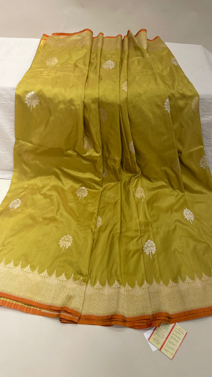 Faishana Pure Silk Handloom Katan Silk Olive Green Kadhwa Floral Booti with Kadhwa Zari Border and Olive Green Stripe Blouse