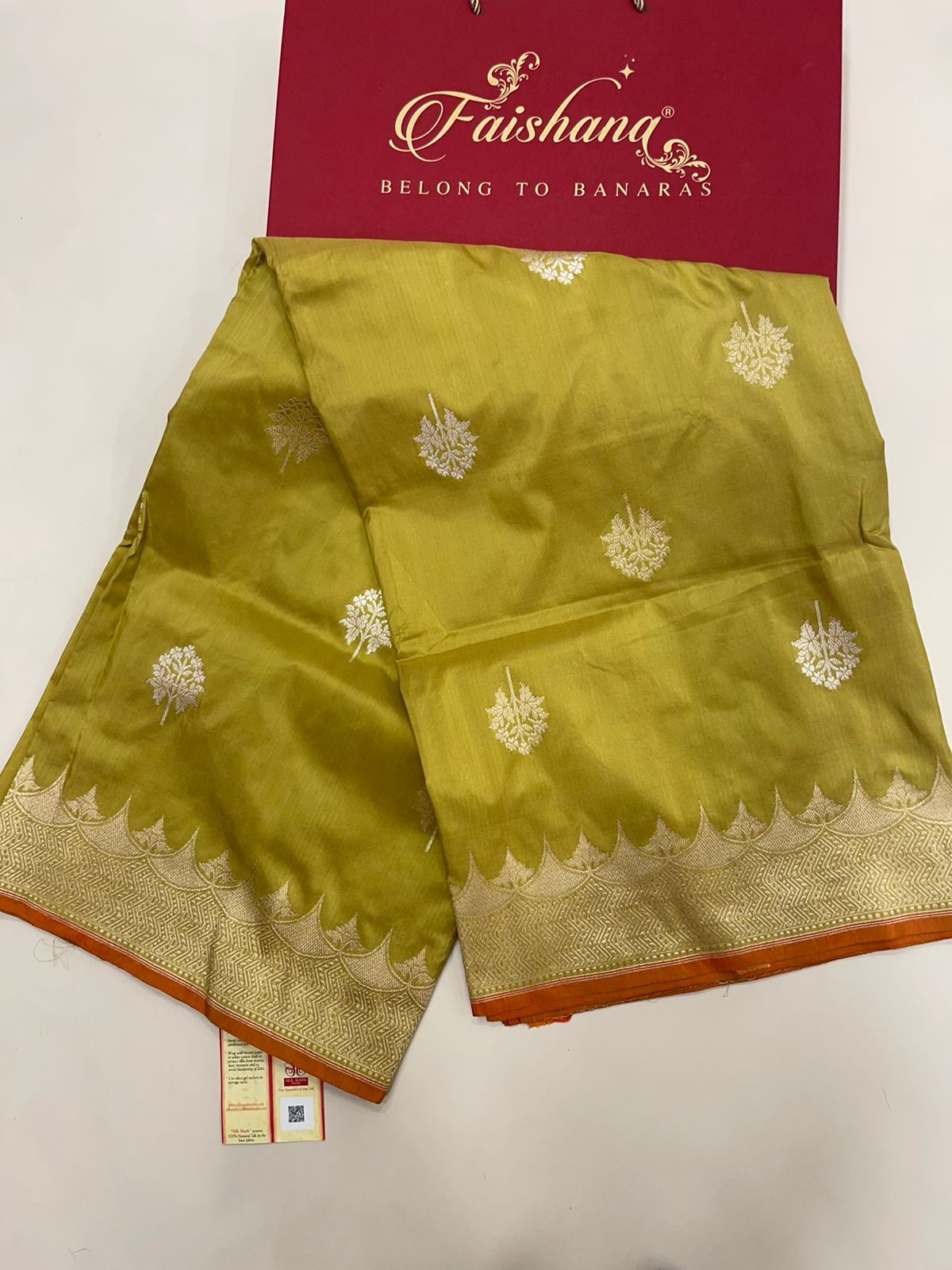 Faishana Pure Silk Handloom Katan Silk Olive Green Kadhwa Floral Booti with Kadhwa Zari Border and Olive Green Stripe Blouse