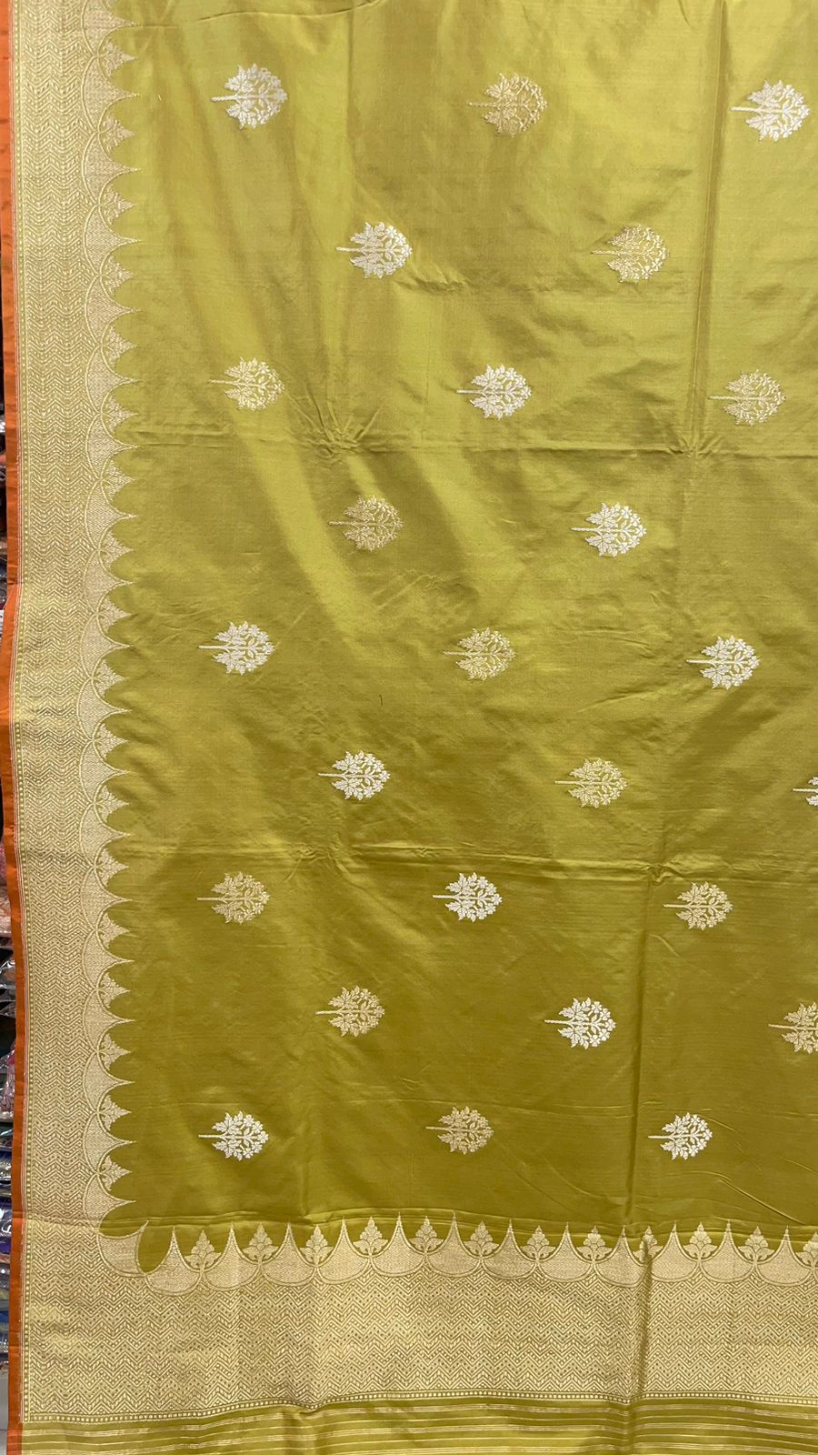Faishana Pure Silk Handloom Katan Silk Olive Green Kadhwa Floral Booti with Kadhwa Zari Border and Olive Green Stripe Blouse