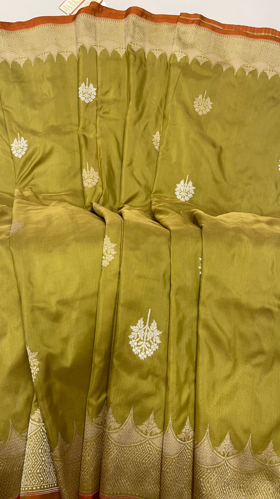 Faishana Pure Silk Handloom Katan Silk Olive Green Kadhwa Floral Booti with Kadhwa Zari Border and Olive Green Stripe Blouse