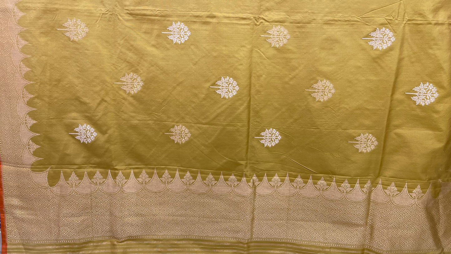 Faishana Pure Silk Handloom Katan Silk Olive Green Kadhwa Floral Booti with Kadhwa Zari Border and Olive Green Stripe Blouse