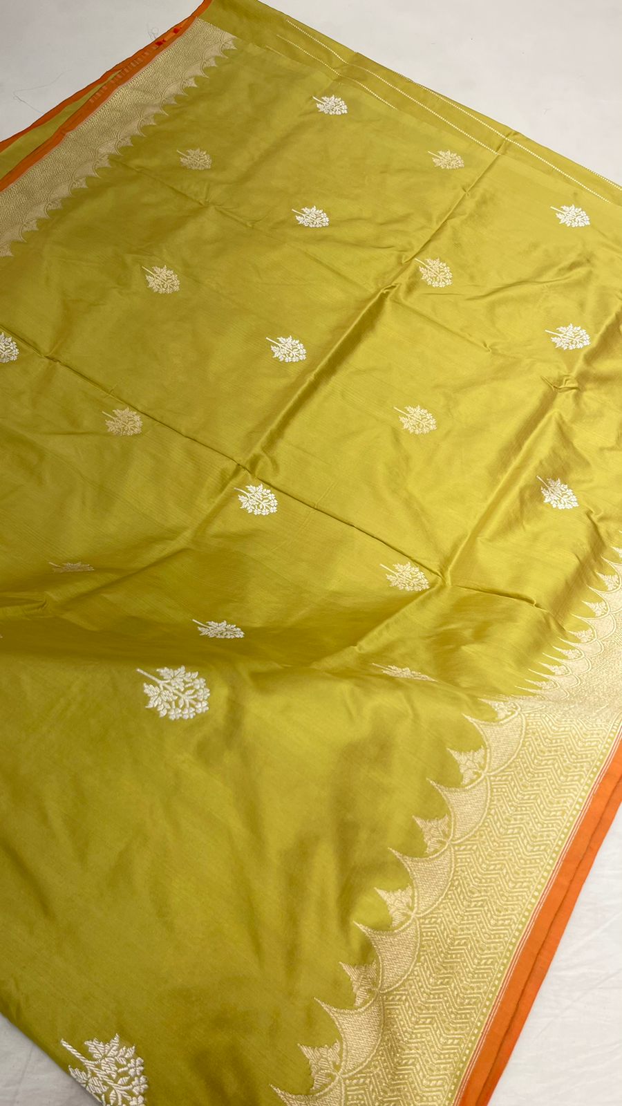 Faishana Pure Silk Handloom Katan Silk Olive Green Kadhwa Floral Booti with Kadhwa Zari Border and Olive Green Stripe Blouse