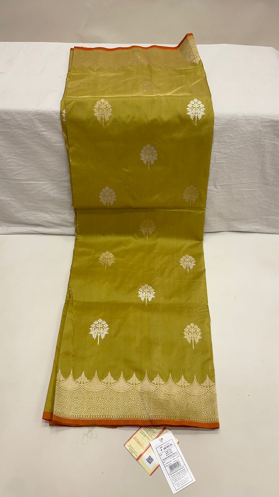 Faishana Pure Silk Handloom Katan Silk Olive Green Kadhwa Floral Booti with Kadhwa Zari Border and Olive Green Stripe Blouse
