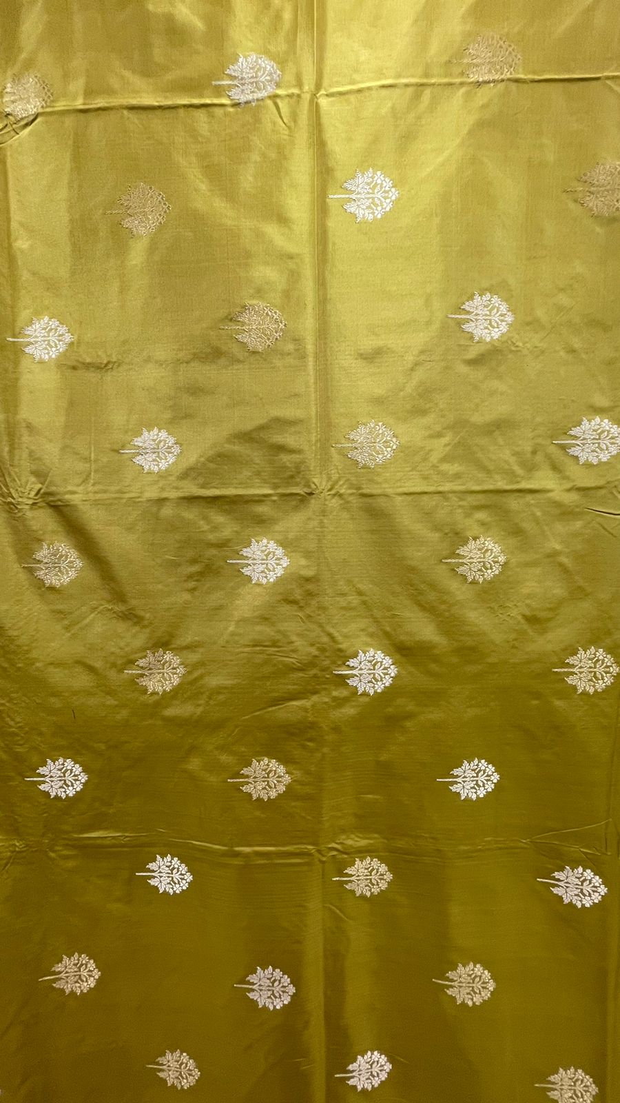 Faishana Pure Silk Handloom Katan Silk Olive Green Kadhwa Floral Booti with Kadhwa Zari Border and Olive Green Stripe Blouse