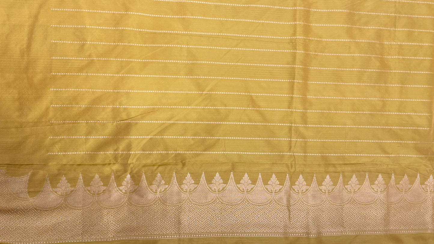 Faishana Pure Silk Handloom Katan Silk Olive Green Kadhwa Floral Booti with Kadhwa Zari Border and Olive Green Stripe Blouse