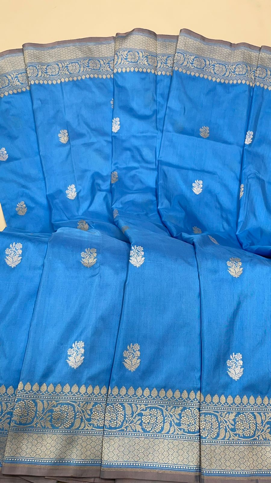 Faishana Pure Handloom Sky Blue Katan Silk Kadhwa Sona Rupa Booti with Kadhwa Anchal Zari border and Sky Blue Blouse