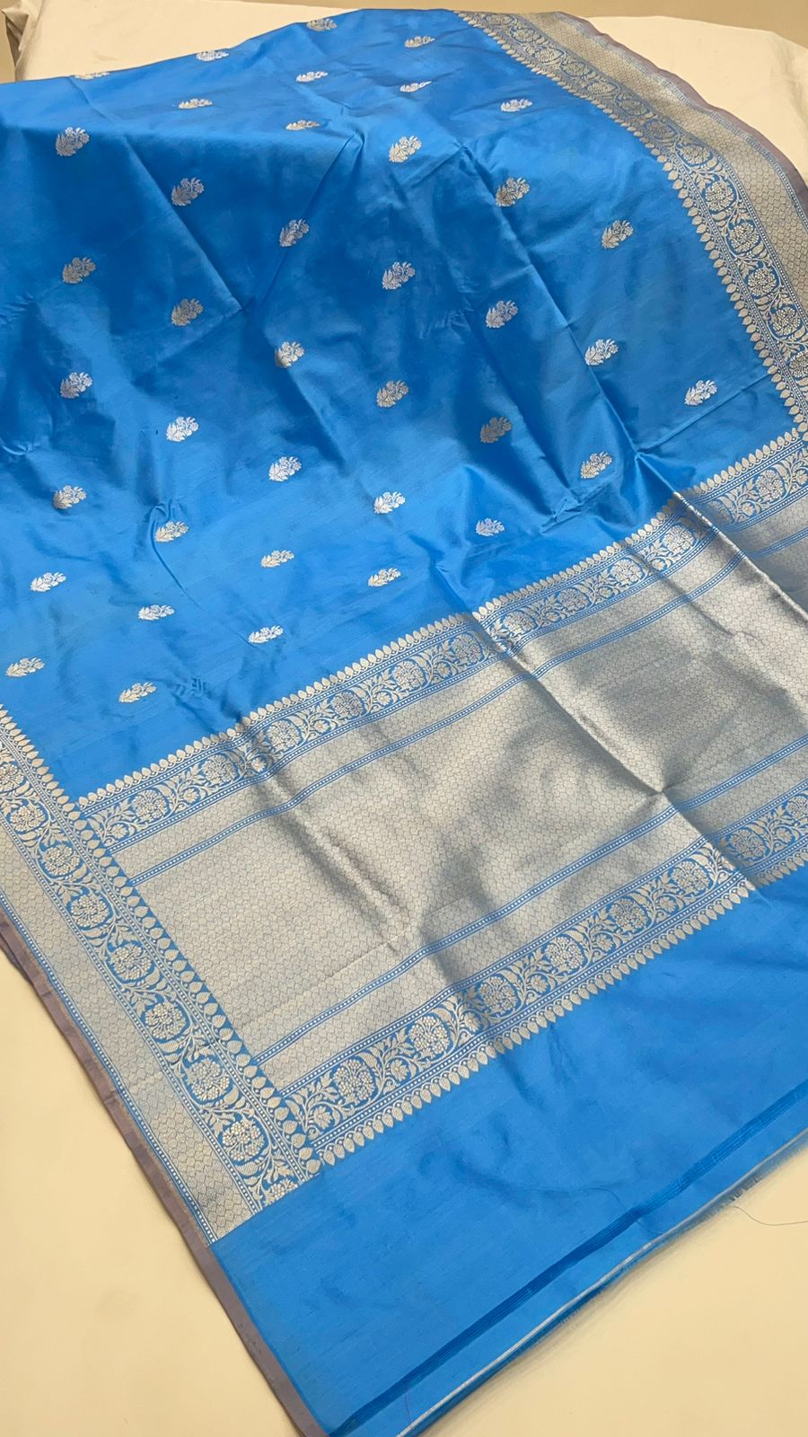 Faishana Pure Handloom Sky Blue Katan Silk Kadhwa Sona Rupa Booti with Kadhwa Anchal Zari border and Sky Blue Blouse