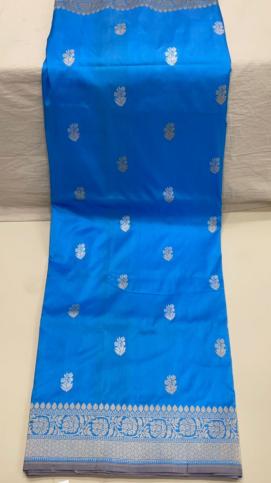 Faishana Pure Handloom Sky Blue Katan Silk Kadhwa Sona Rupa Booti with Kadhwa Anchal Zari border and Sky Blue Blouse