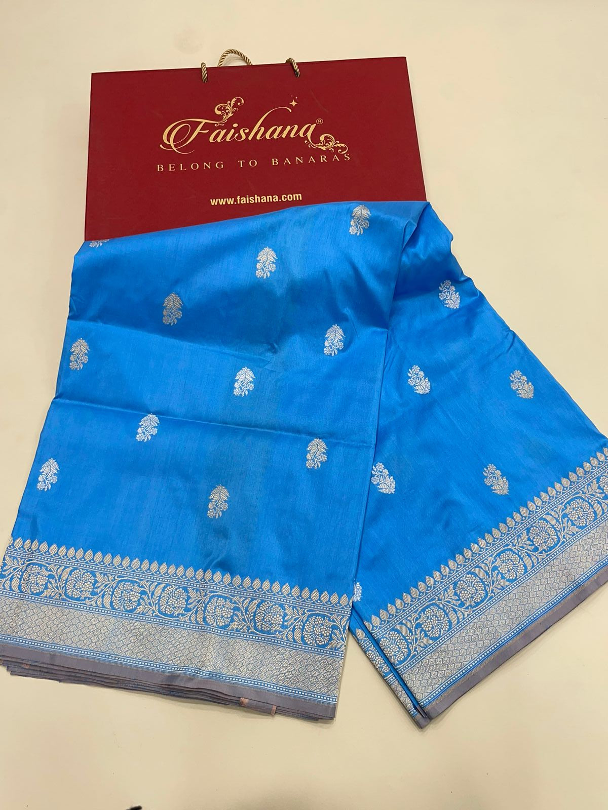 Faishana Pure Handloom Sky Blue Katan Silk Kadhwa Sona Rupa Booti with Kadhwa Anchal Zari border and Sky Blue Blouse