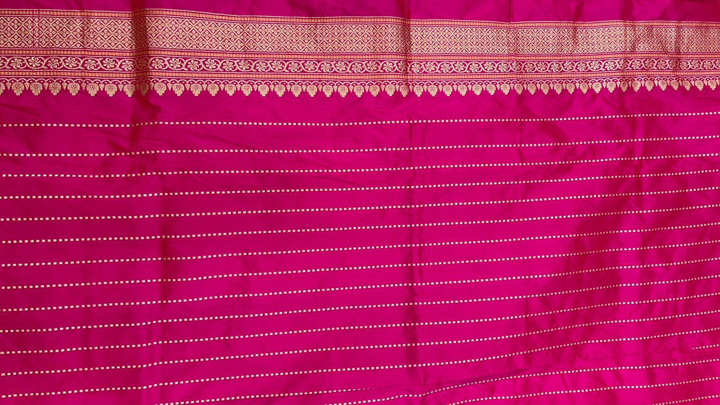 Faishana Pure Silk Handloom Pink Katan Silk Sona Rupa Swastik Kadhwa Booti with Kadhwa Border and Pink Stripe Blouse
