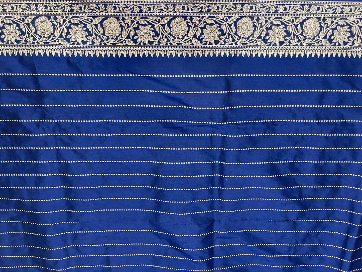 Regal Elegance: Faishana's Pure Silk Handloom Katan Navy Blue Saree with Silver-Gold Booti and Kadhwa Zari Border Paired with Navy Blue Kadhwa Blouse