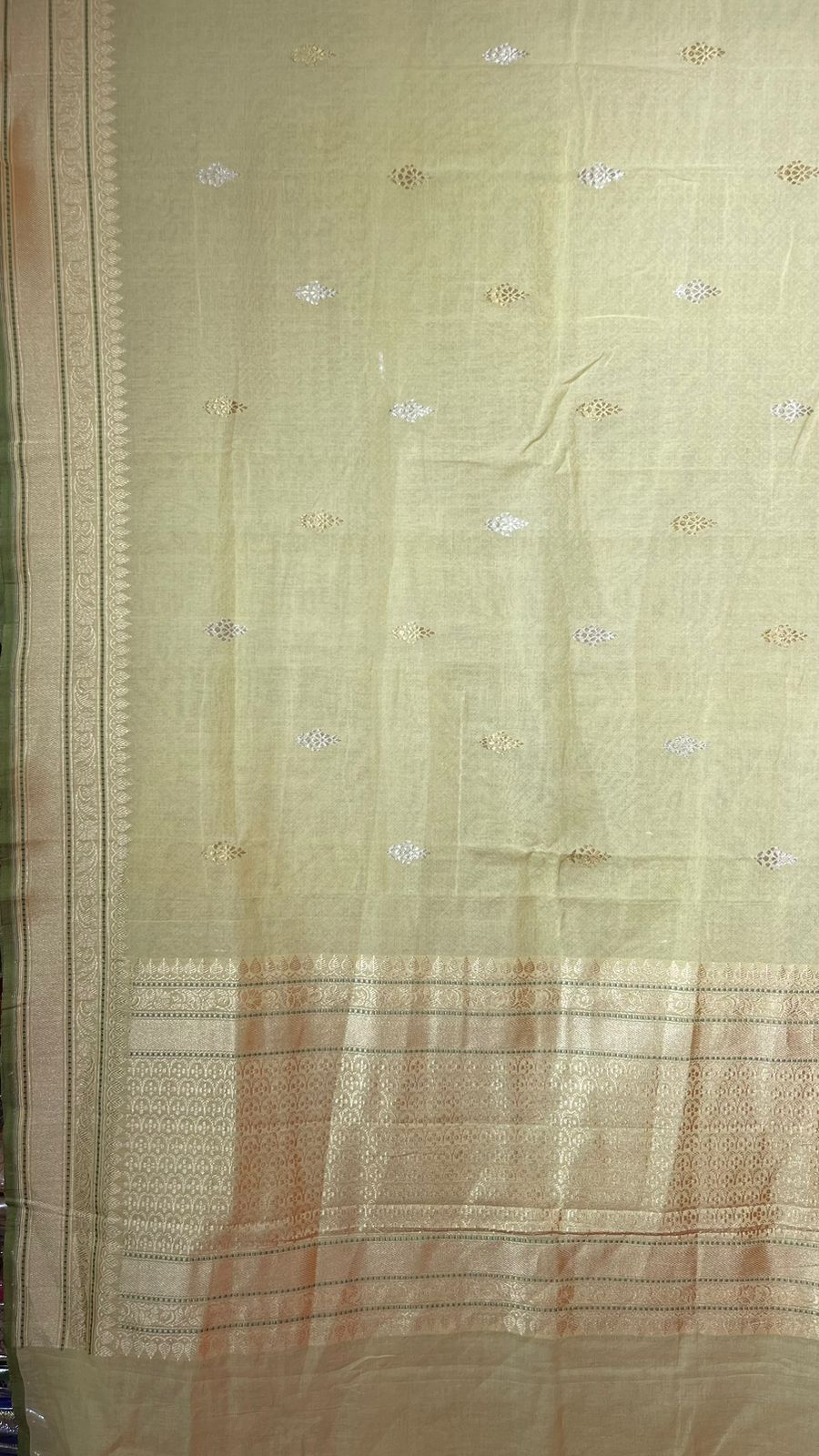 Faishana Pure Handloom Lime Yellow Cotton Banarasi Saree with Kadhwa Golden Silver Booti Border and Beige Kadhwa Blouse