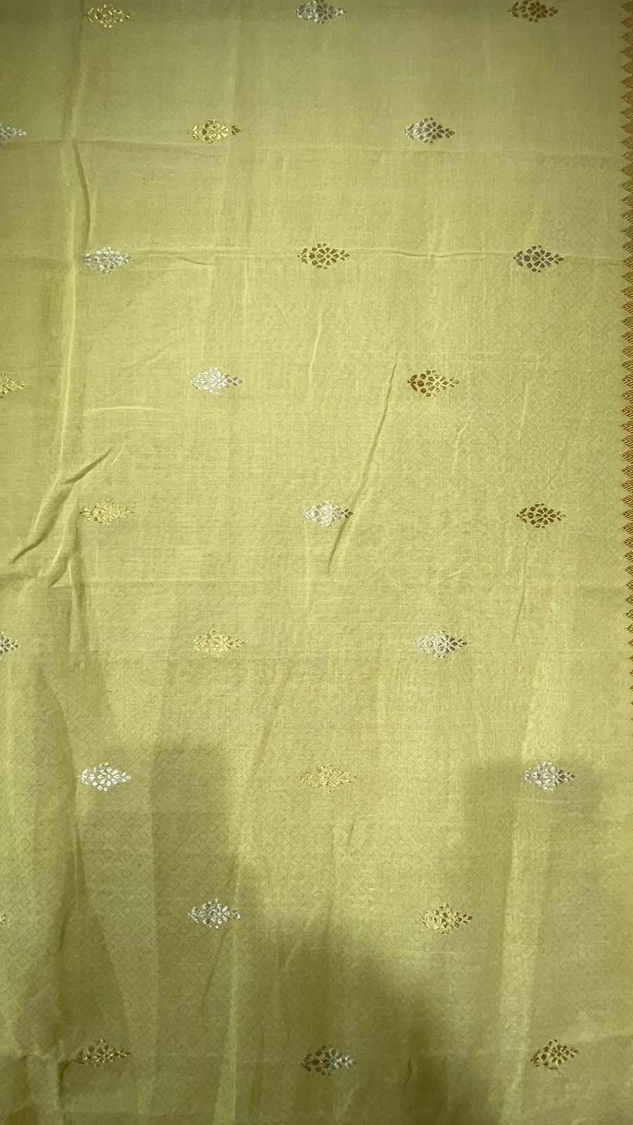 Faishana Pure Handloom Lime Yellow Cotton Banarasi Saree with Kadhwa Golden Silver Booti Border and Beige Kadhwa Blouse