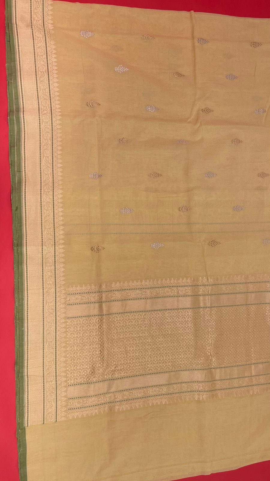 Faishana Pure Handloom Lime Yellow Cotton Banarasi Saree with Kadhwa Golden Silver Booti Border and Beige Kadhwa Blouse