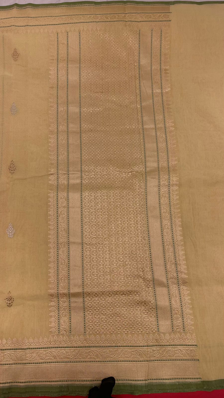 Faishana Pure Handloom Lime Yellow Cotton Banarasi Saree with Kadhwa Golden Silver Booti Border and Beige Kadhwa Blouse