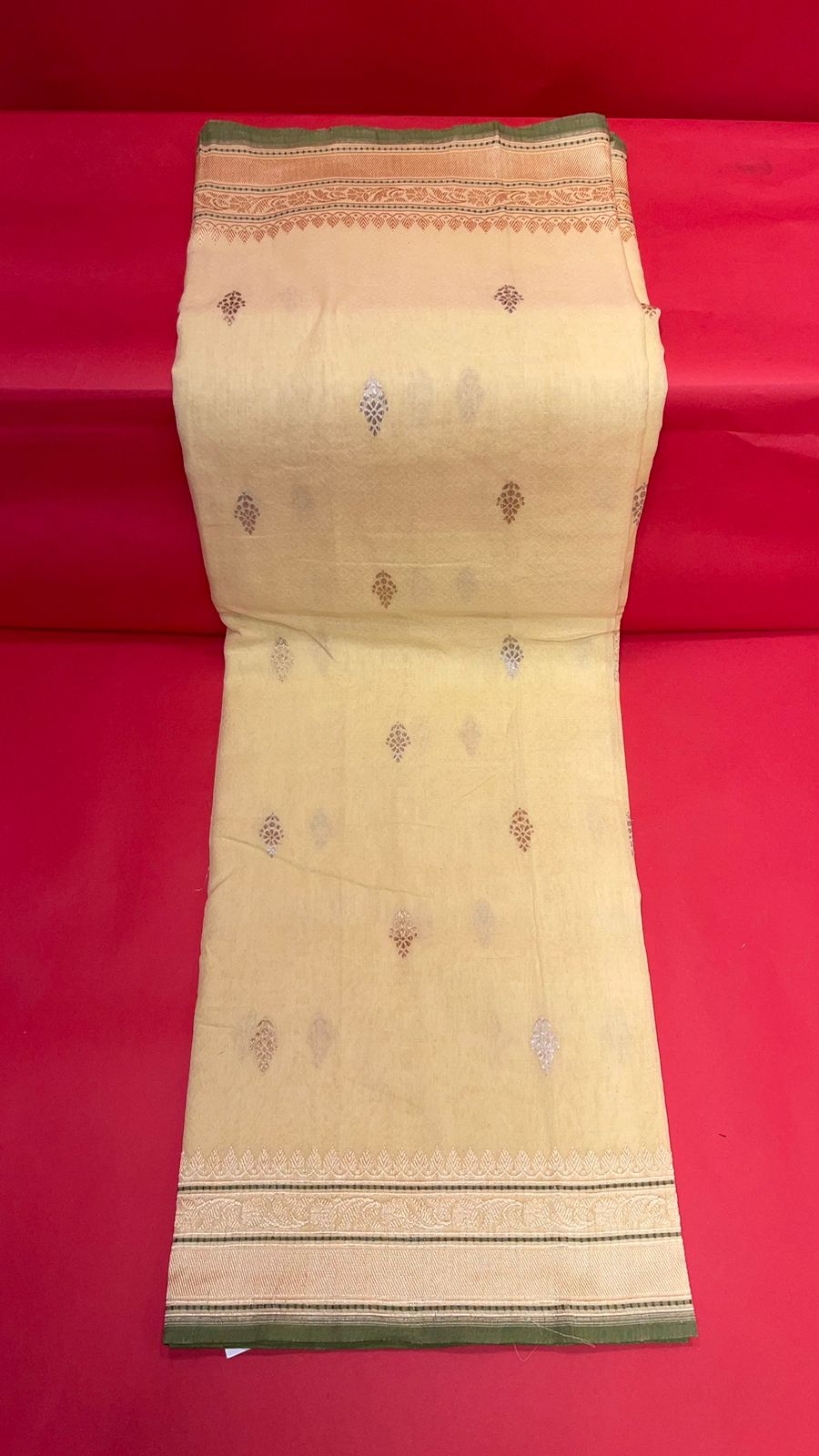 Faishana Pure Handloom Lime Yellow Cotton Banarasi Saree with Kadhwa Golden Silver Booti Border and Beige Kadhwa Blouse